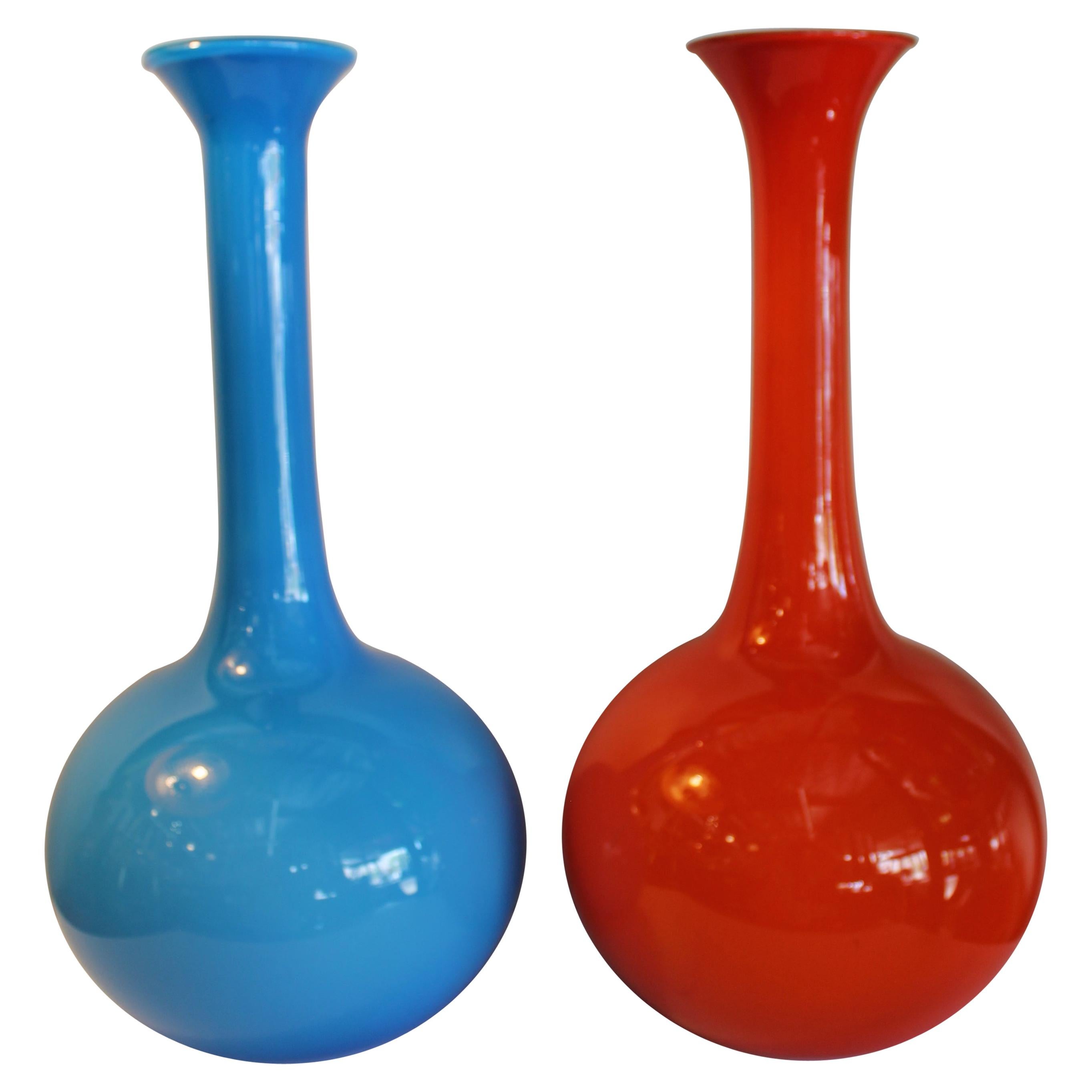 Pair of Murano Cased Glass Orange and Blue Vases