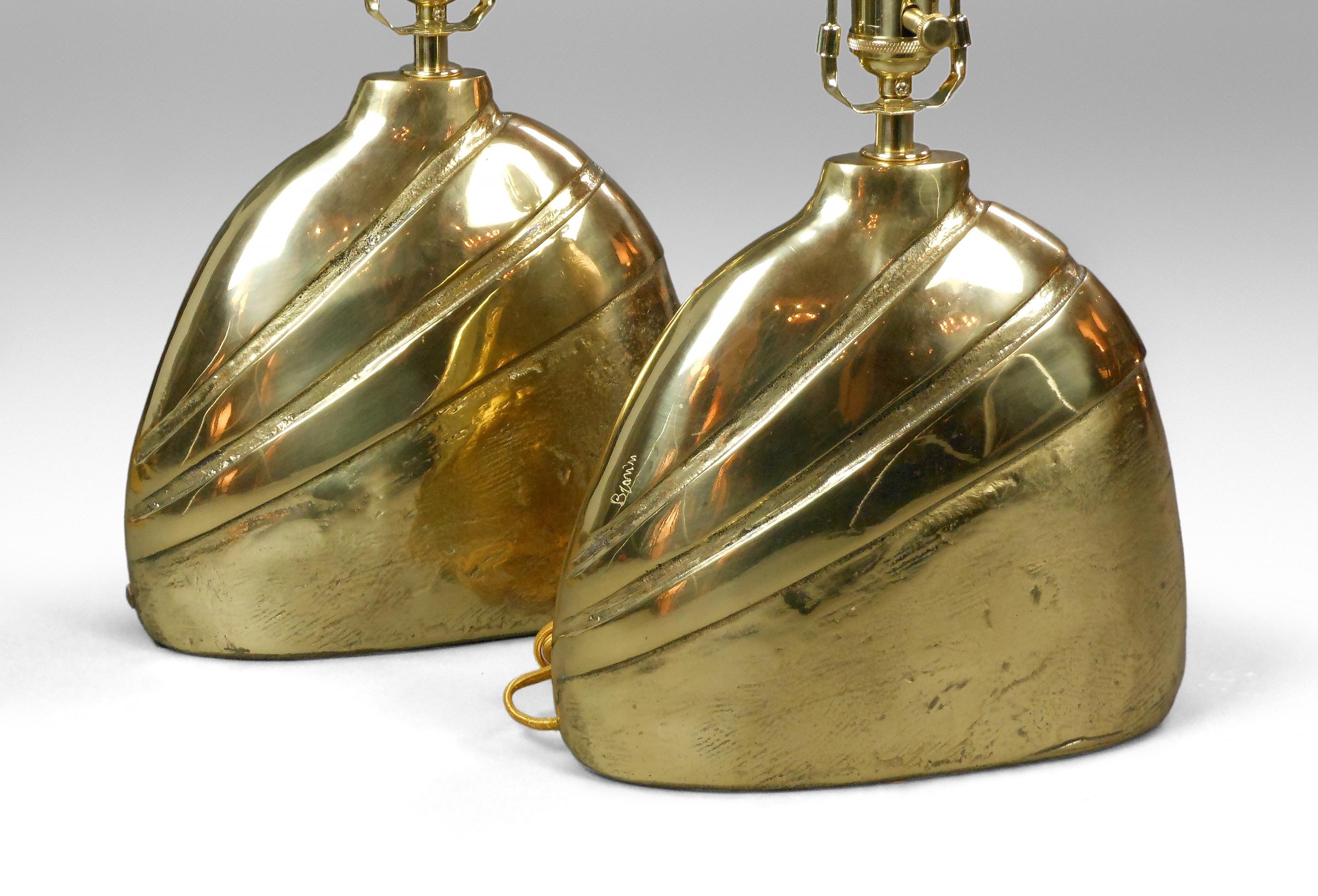 Mid-Century Modern Pair of Italian Cast Brass Lamps. Signed
