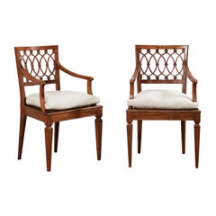 Pair of Italian Caved Wood Armchairs with Cane Seats, Mid-20th Century