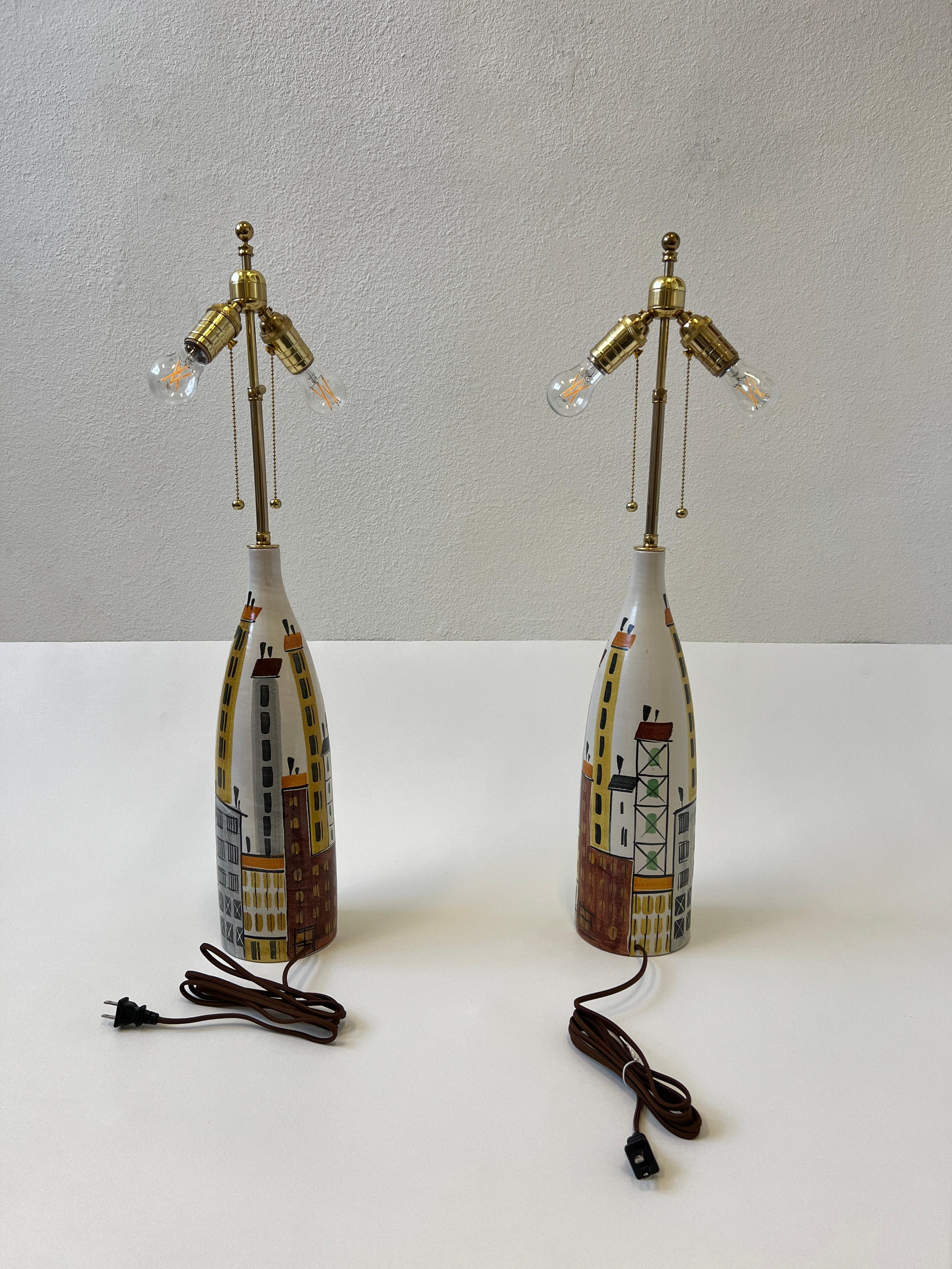 Mid-Century Modern Pair of Italian Ceramic and Brass Cityscape Table Lamps by Bitossi 