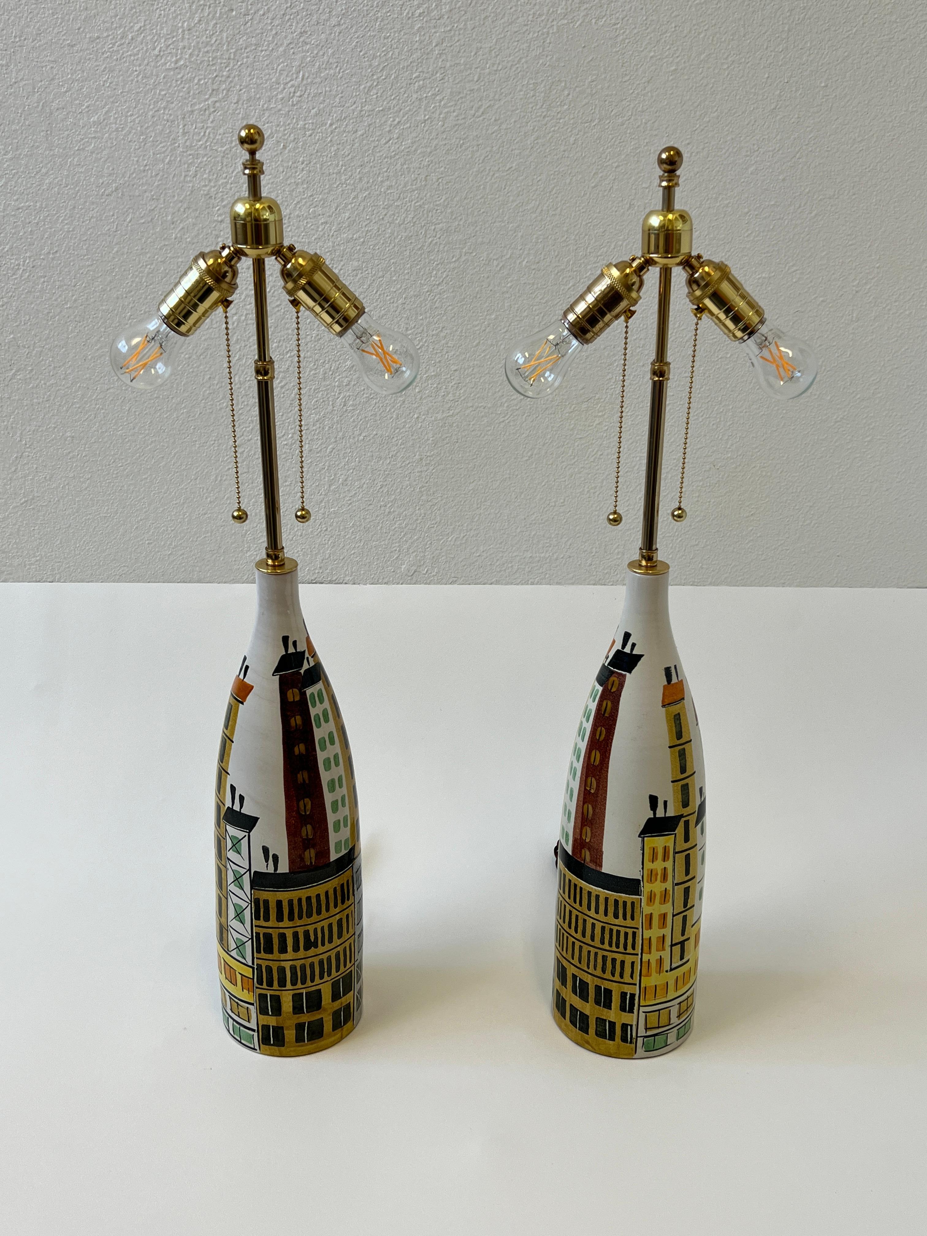 Glazed Pair of Italian Ceramic and Brass Cityscape Table Lamps by Bitossi 