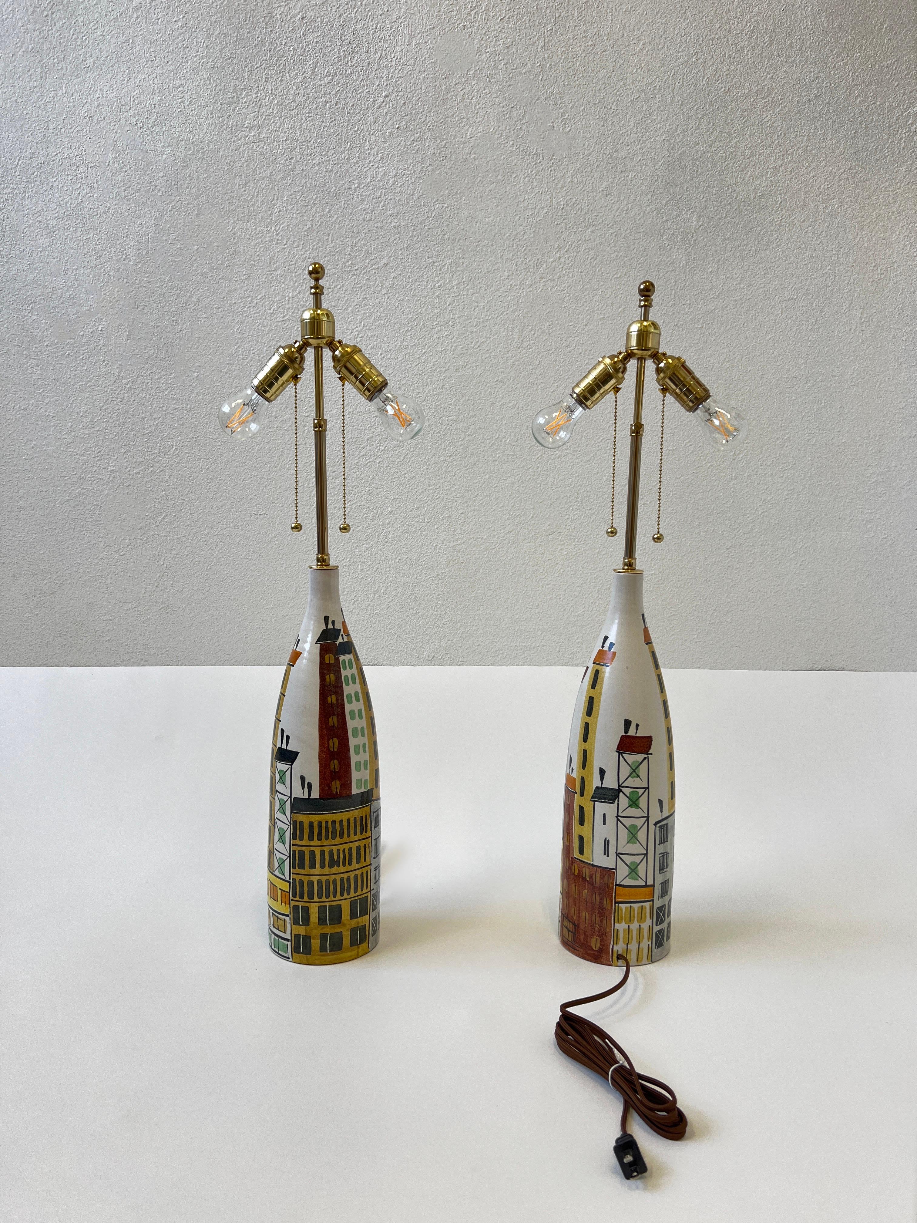 Pair of Italian Ceramic and Brass Cityscape Table Lamps by Bitossi  In Excellent Condition In Palm Springs, CA