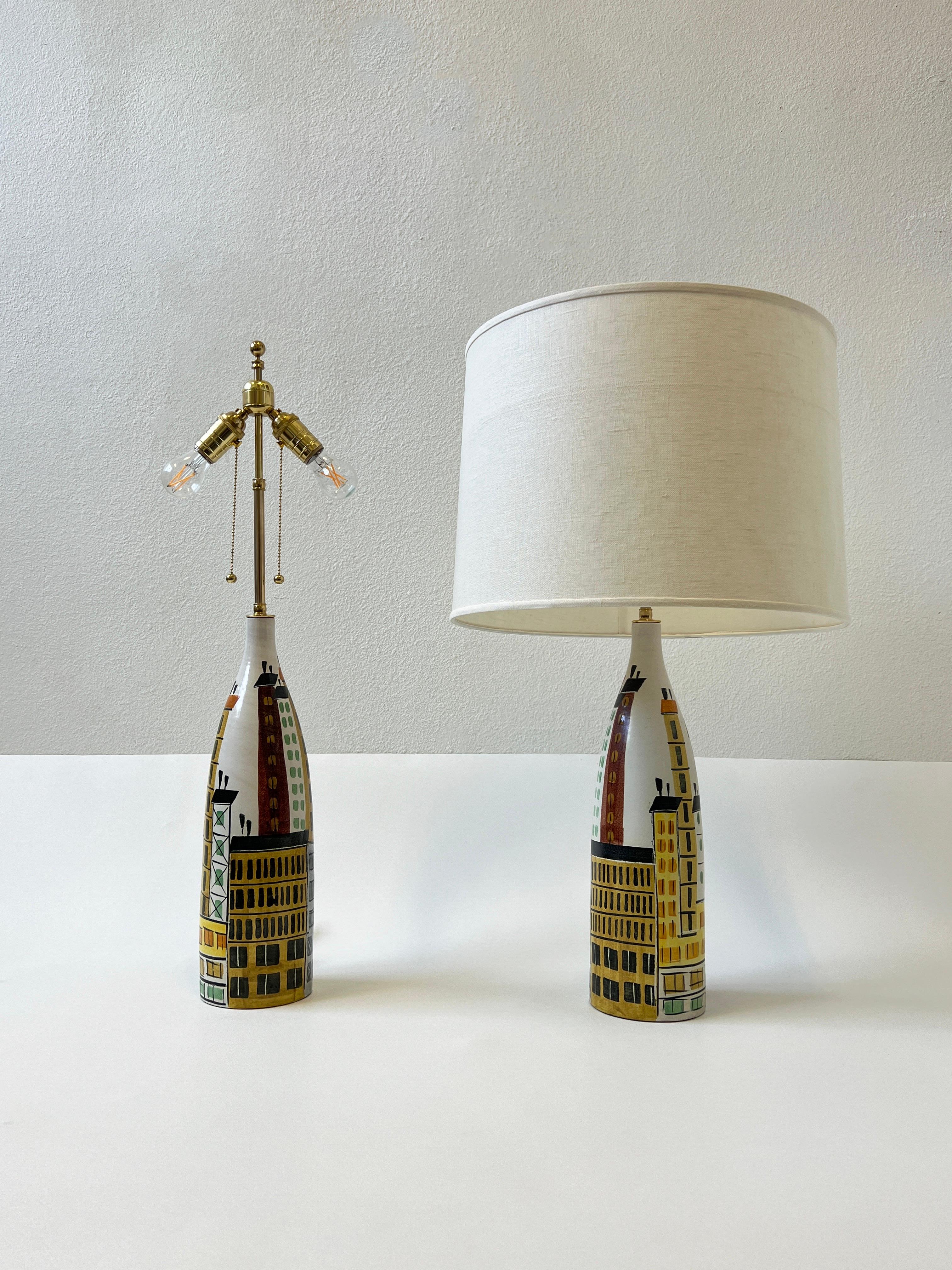 Mid-20th Century Pair of Italian Ceramic and Brass Cityscape Table Lamps by Bitossi 