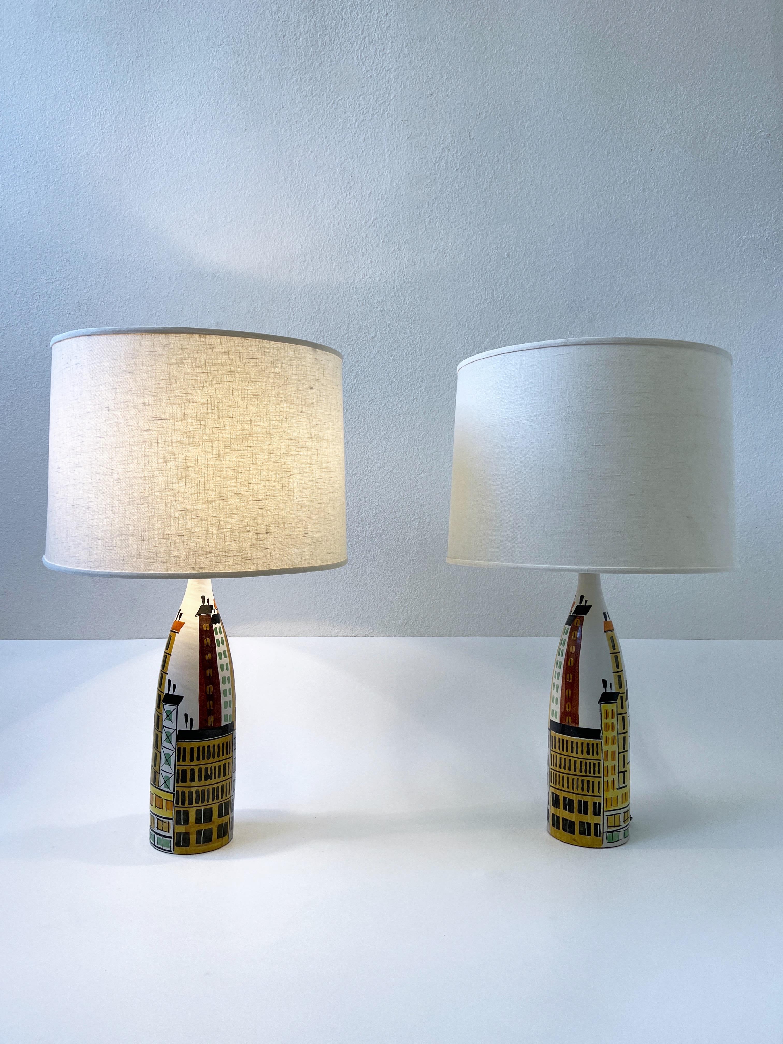 Pair of Italian Ceramic and Brass Cityscape Table Lamps by Bitossi  1