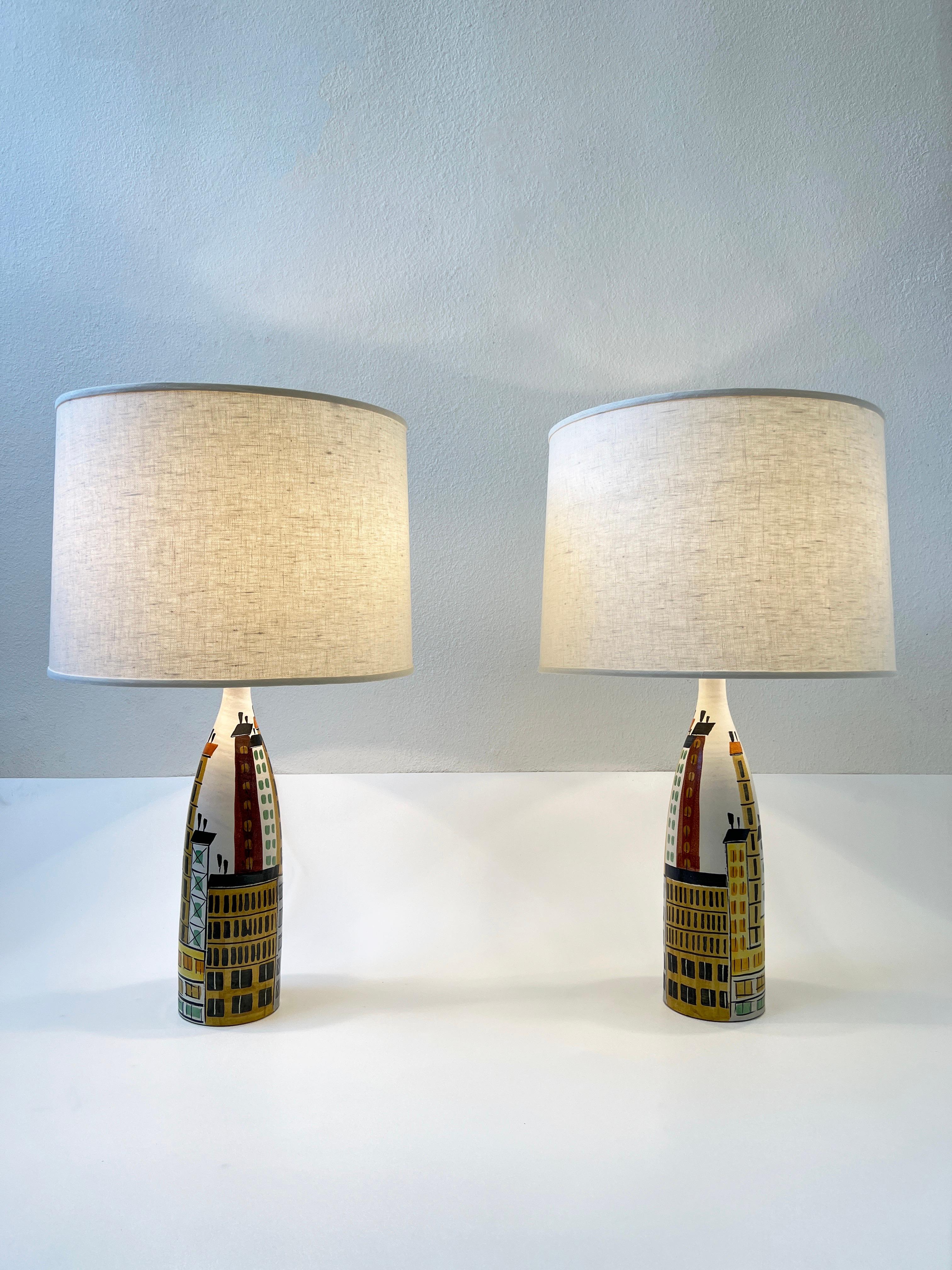 Pair of Italian Ceramic and Brass Cityscape Table Lamps by Bitossi  2