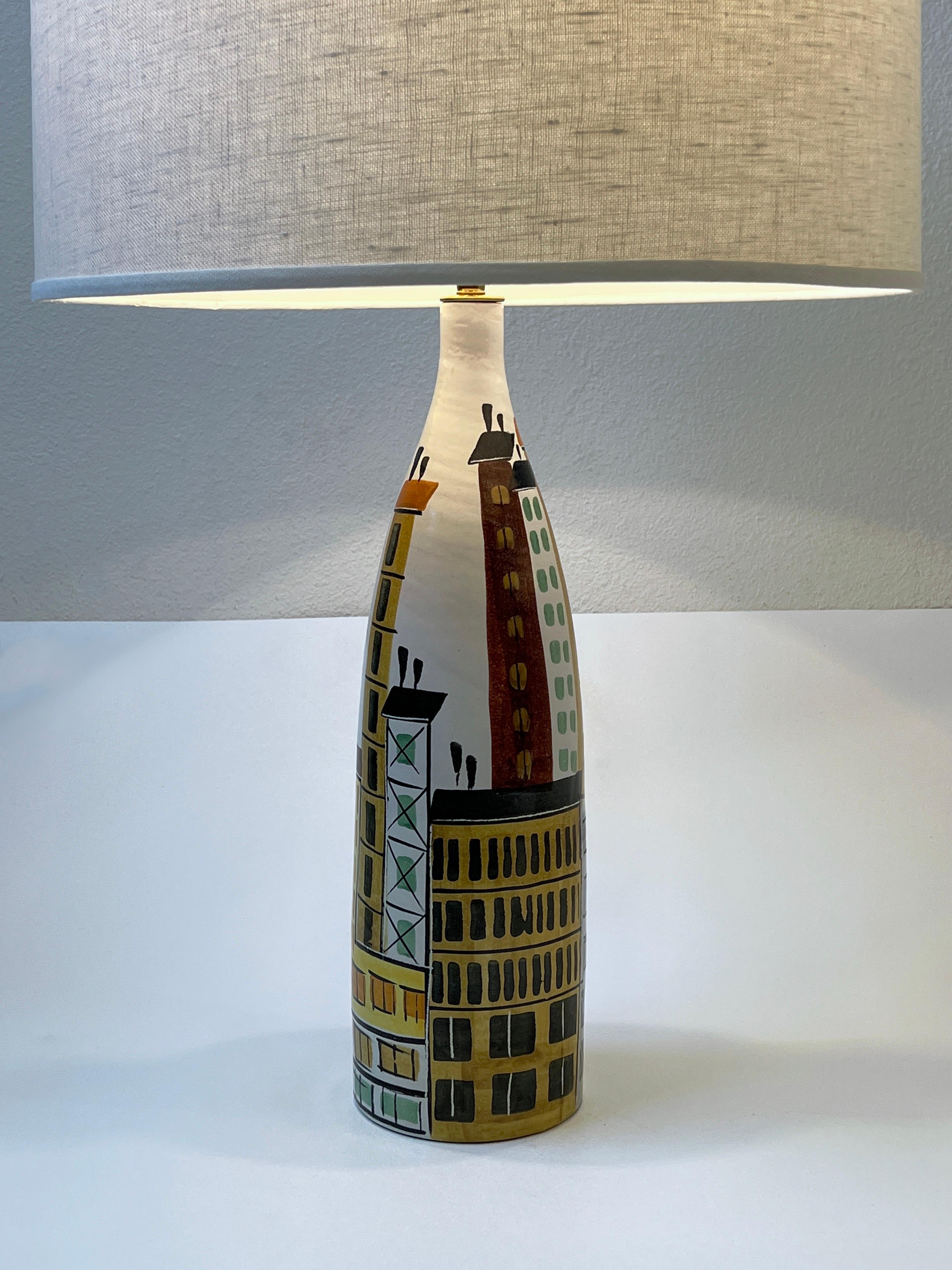Pair of Italian Ceramic and Brass Cityscape Table Lamps by Bitossi  3