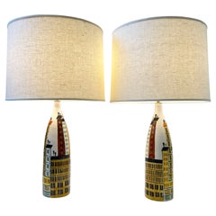 Pair of Italian Ceramic and Brass Cityscape Table Lamps by Bitossi