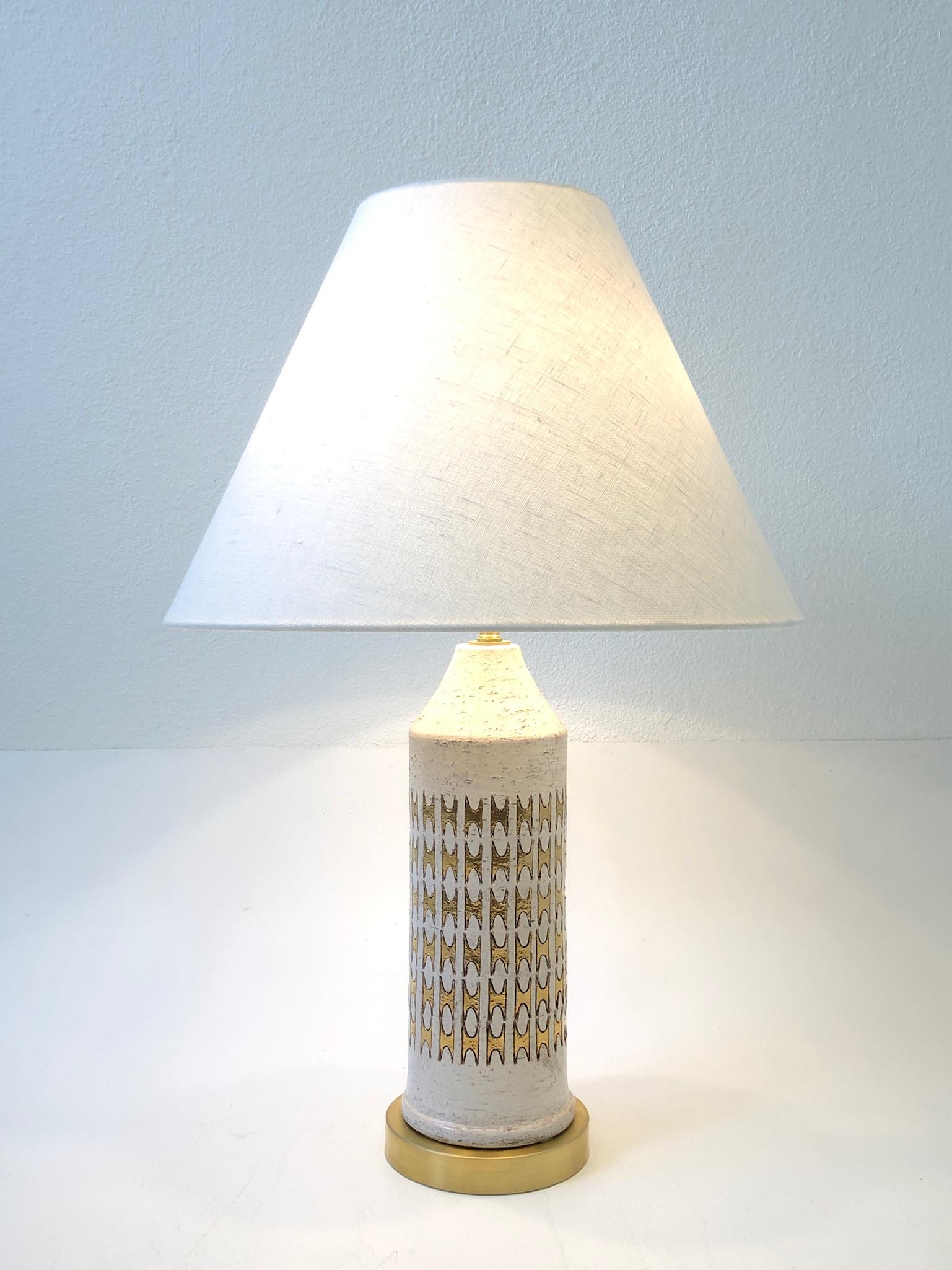 Linen Pair of Italian Ceramic and Brass Table Lamps by Bitossi