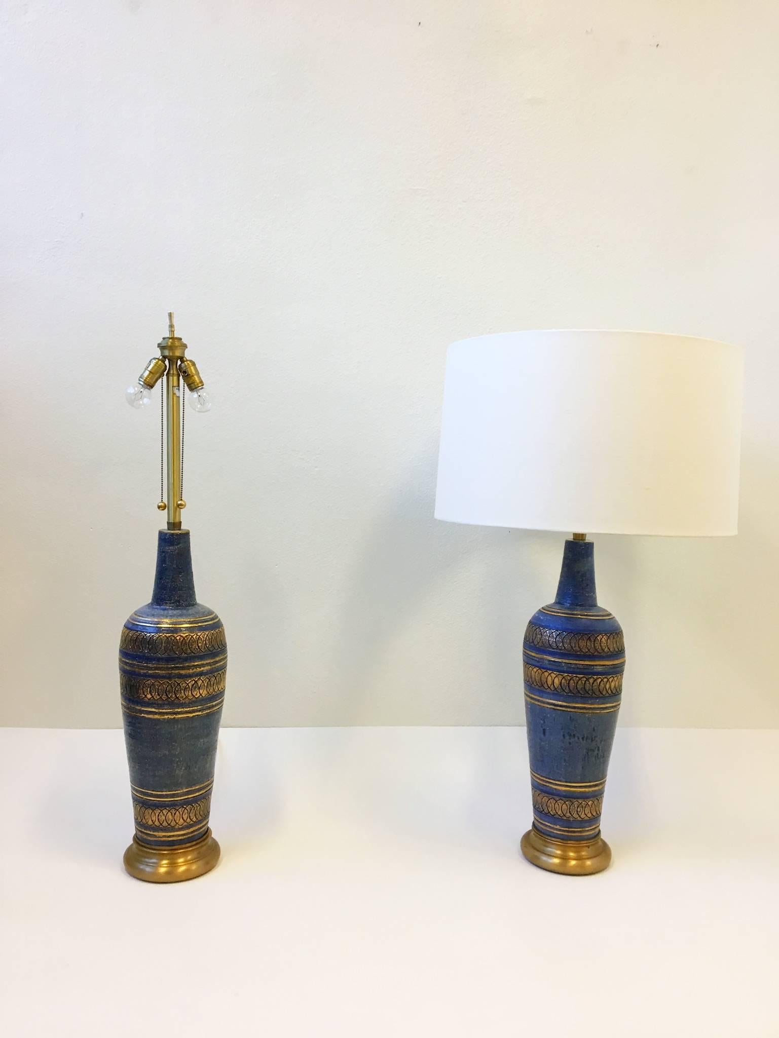 Pair of Italian Ceramic and Brass Table Lamps by Guido Bitossi for Marbro 1