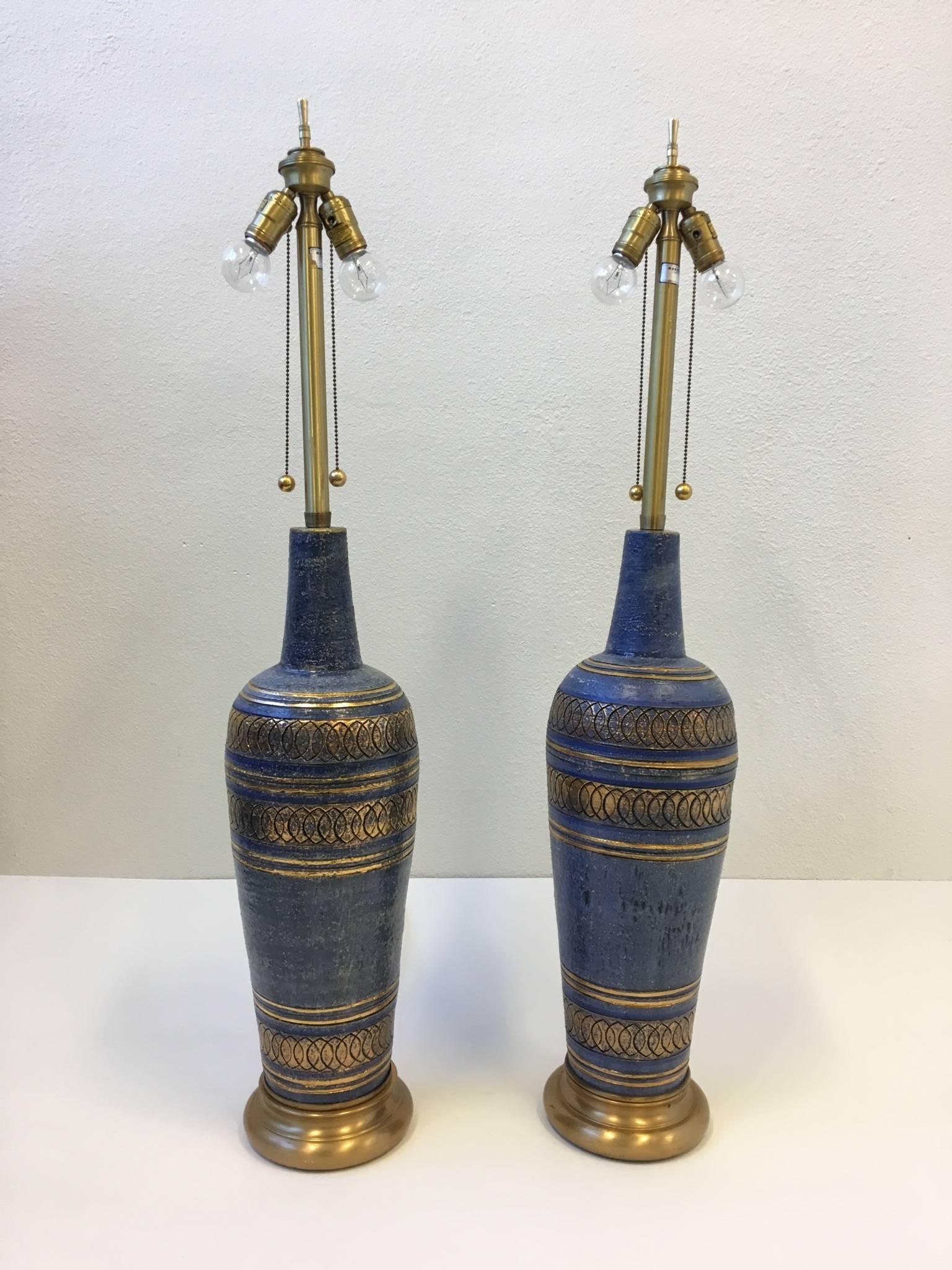 Pair of Italian Ceramic and Brass Table Lamps by Guido Bitossi for Marbro 3