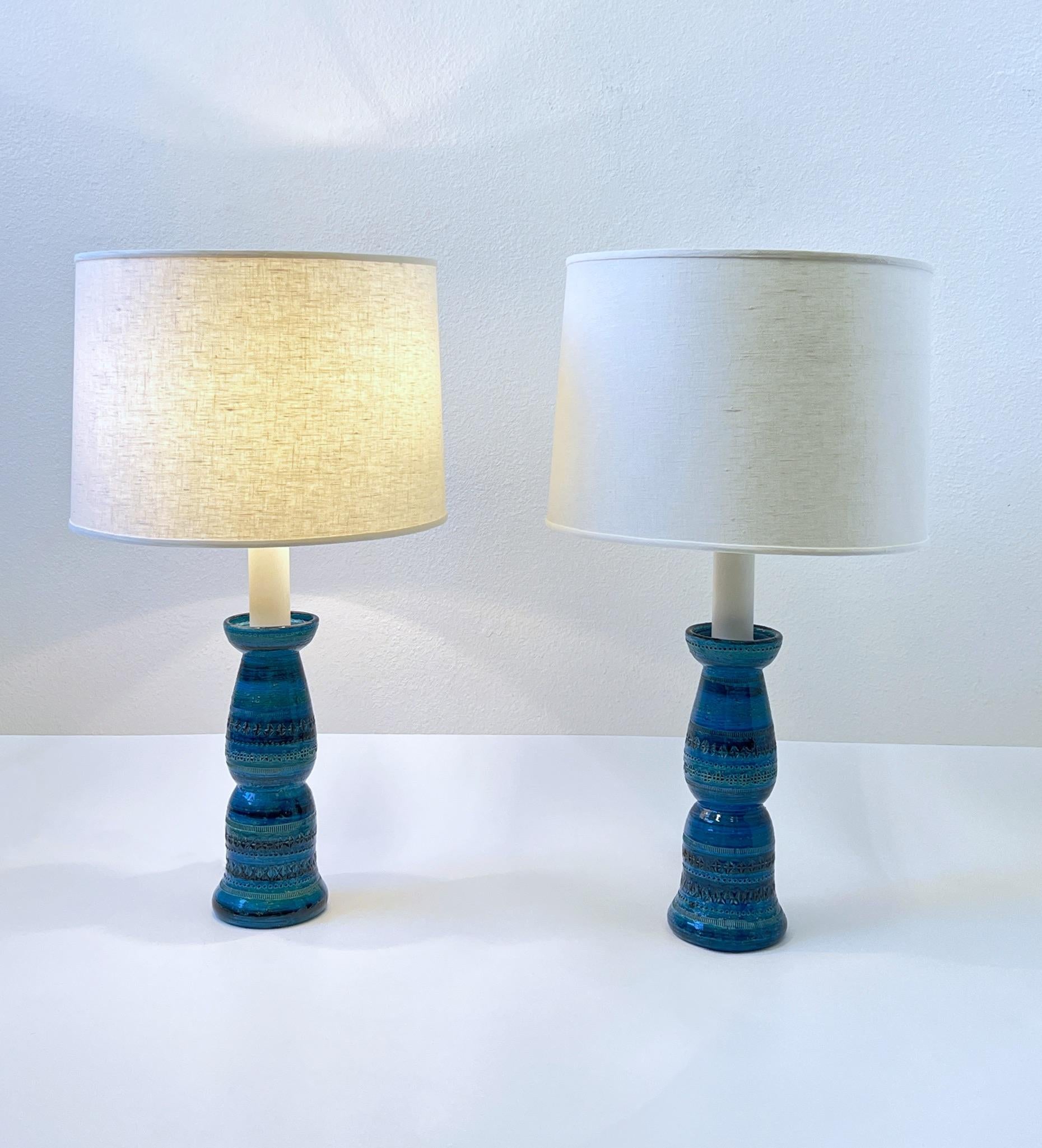 Mid-Century Modern Pair of Italian Ceramic and Nickel Table Lamps by Aldo Londi for Bitossi