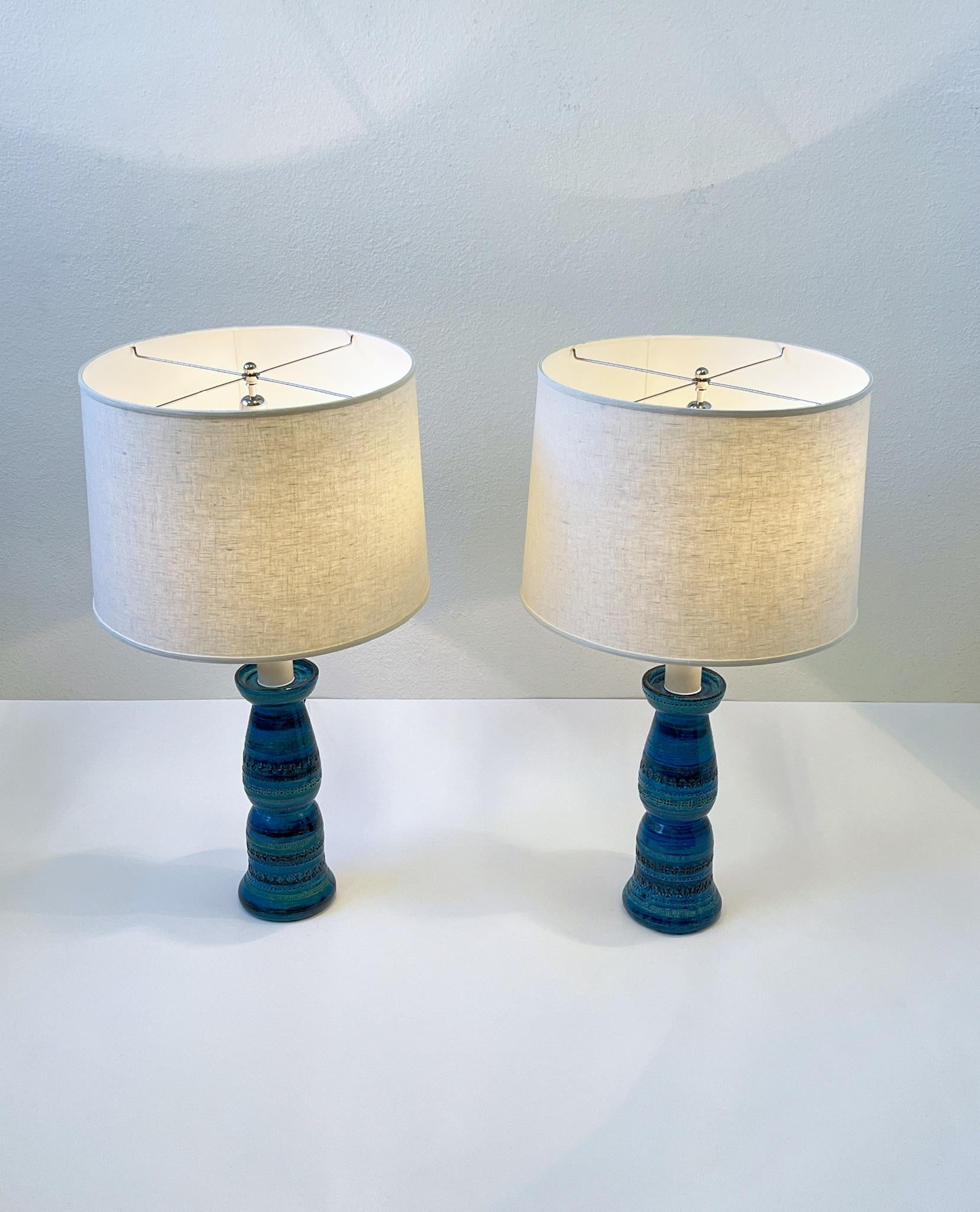 Polished Pair of Italian Ceramic and Nickel Table Lamps by Aldo Londi for Bitossi