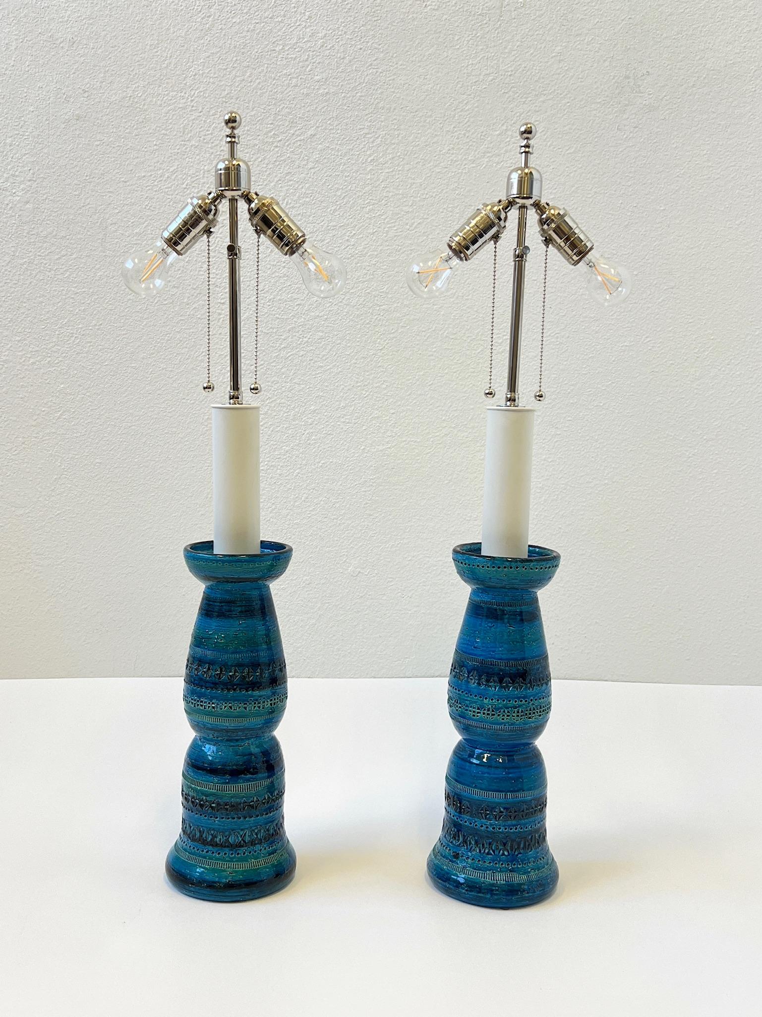 Pair of Italian Ceramic and Nickel Table Lamps by Aldo Londi for Bitossi In Good Condition In Palm Springs, CA