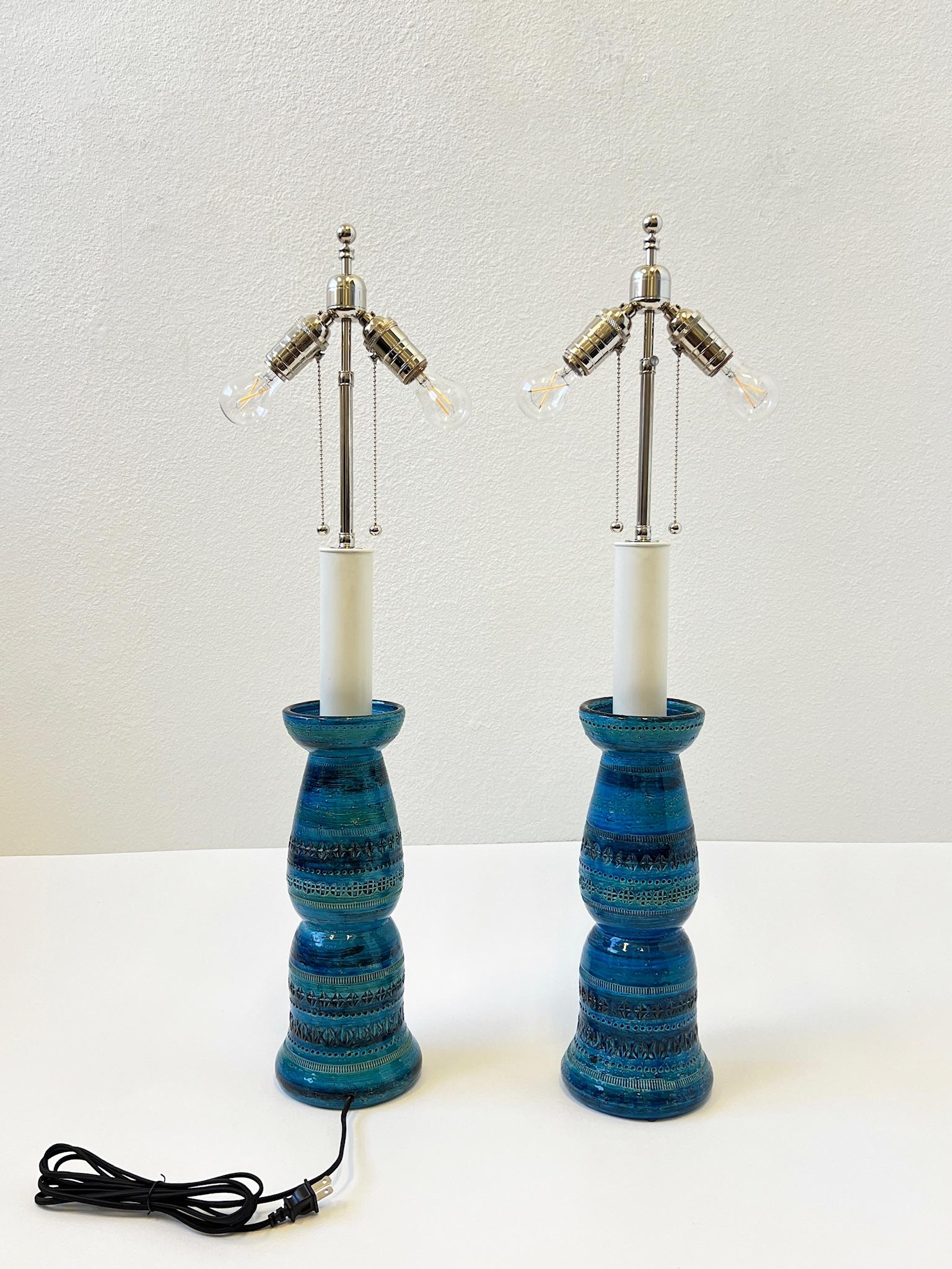 Mid-20th Century Pair of Italian Ceramic and Nickel Table Lamps by Aldo Londi for Bitossi