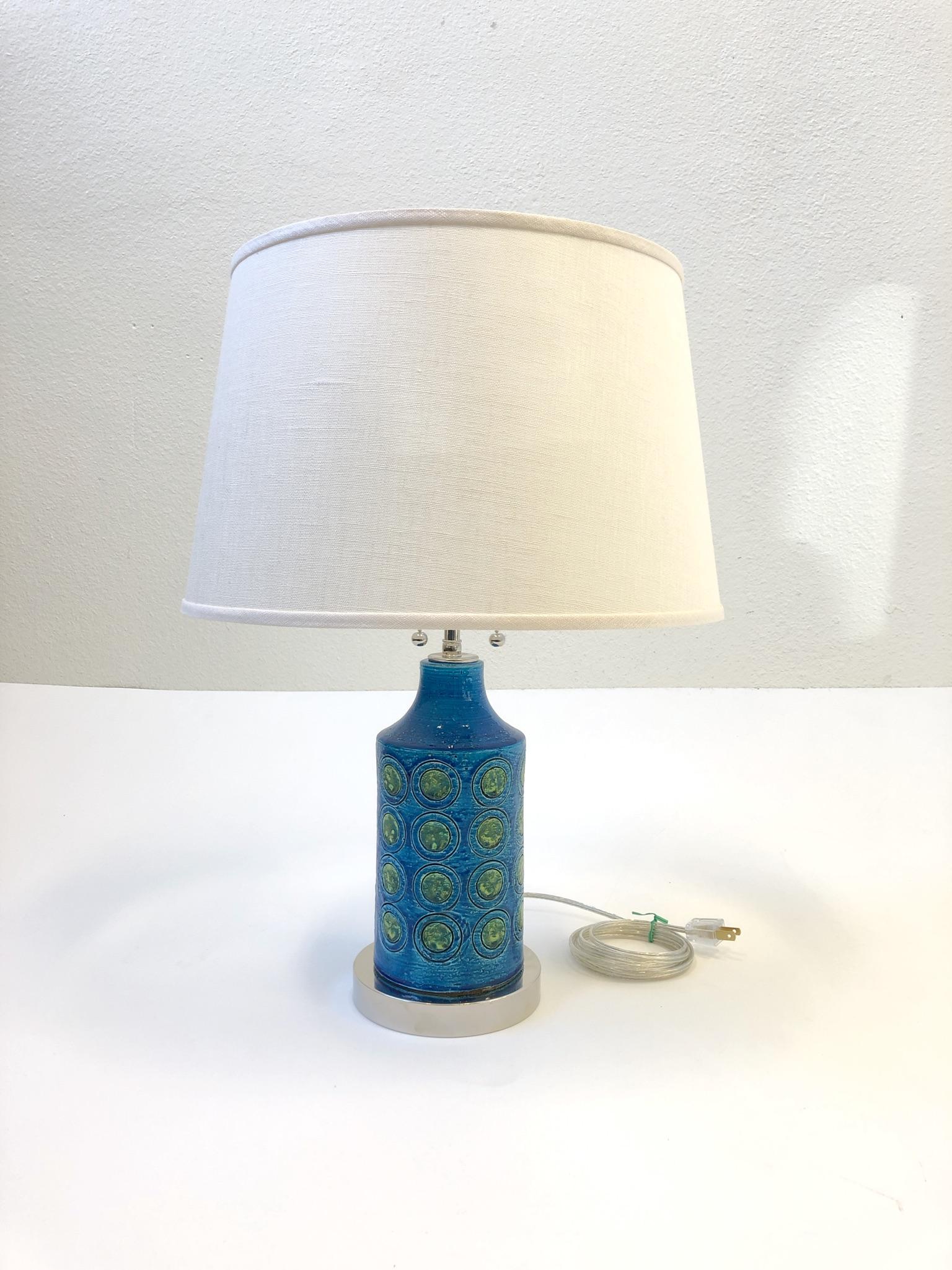 Glazed Pair of Italian Ceramic and Nickel Table Lamps by Bitossi