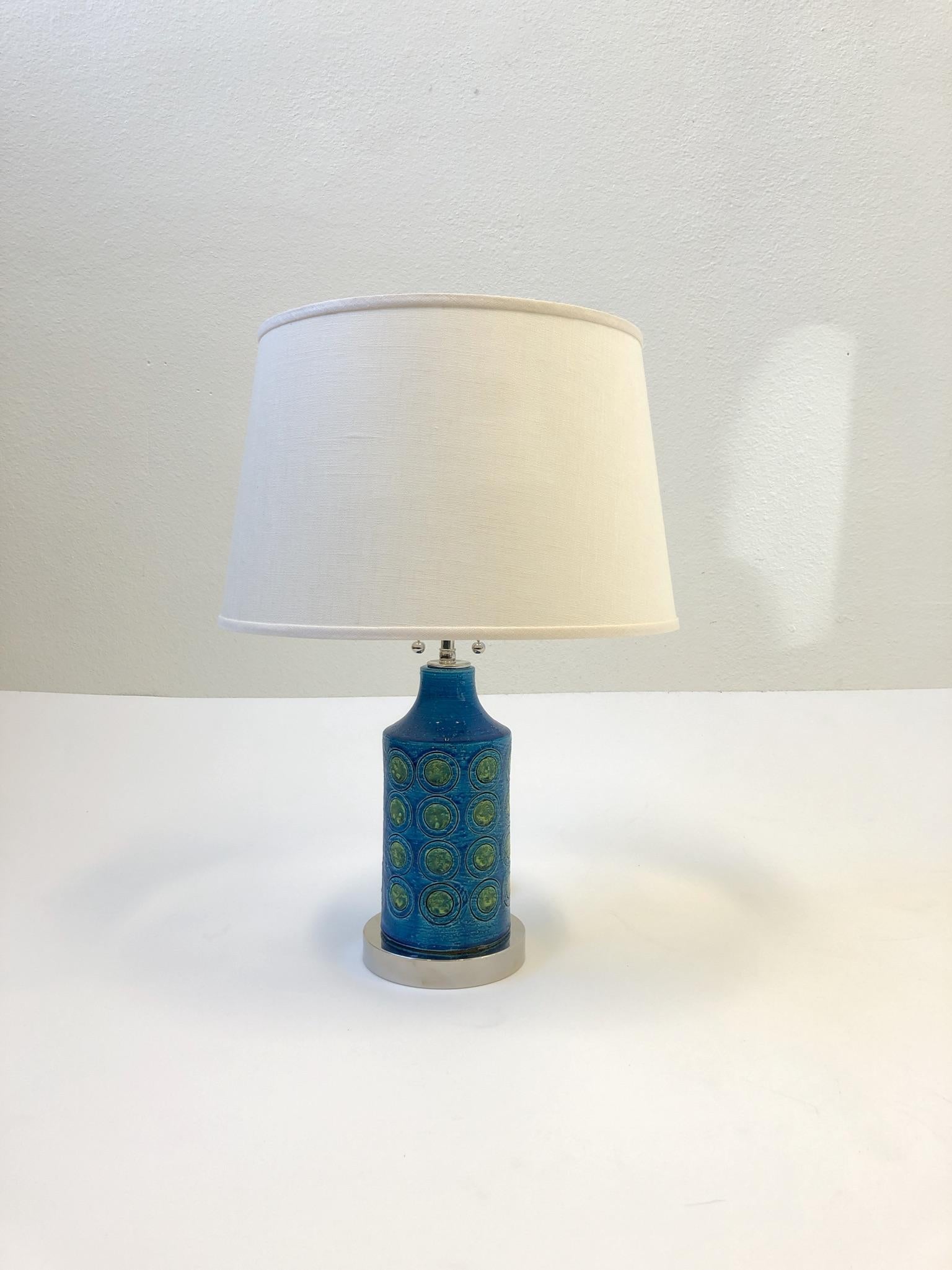 Linen Pair of Italian Ceramic and Nickel Table Lamps by Bitossi