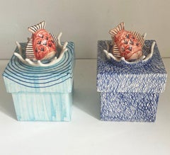 Pair of Italian Ceramic Cubic Boxes with Fish Top Cover, Italy, 21st C