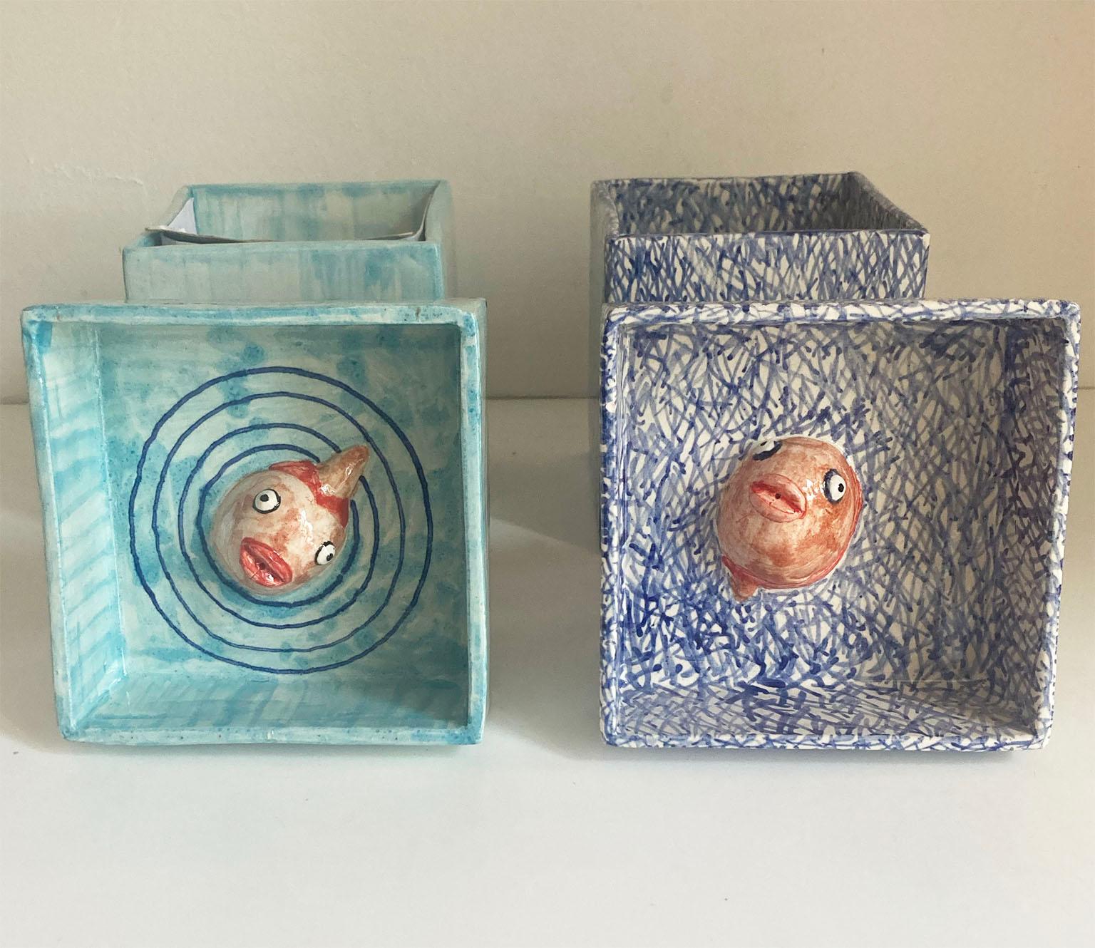 Contemporary Pair of Italian Ceramic Cubic Boxes with Fish Top Cover, Italy, 21st C For Sale