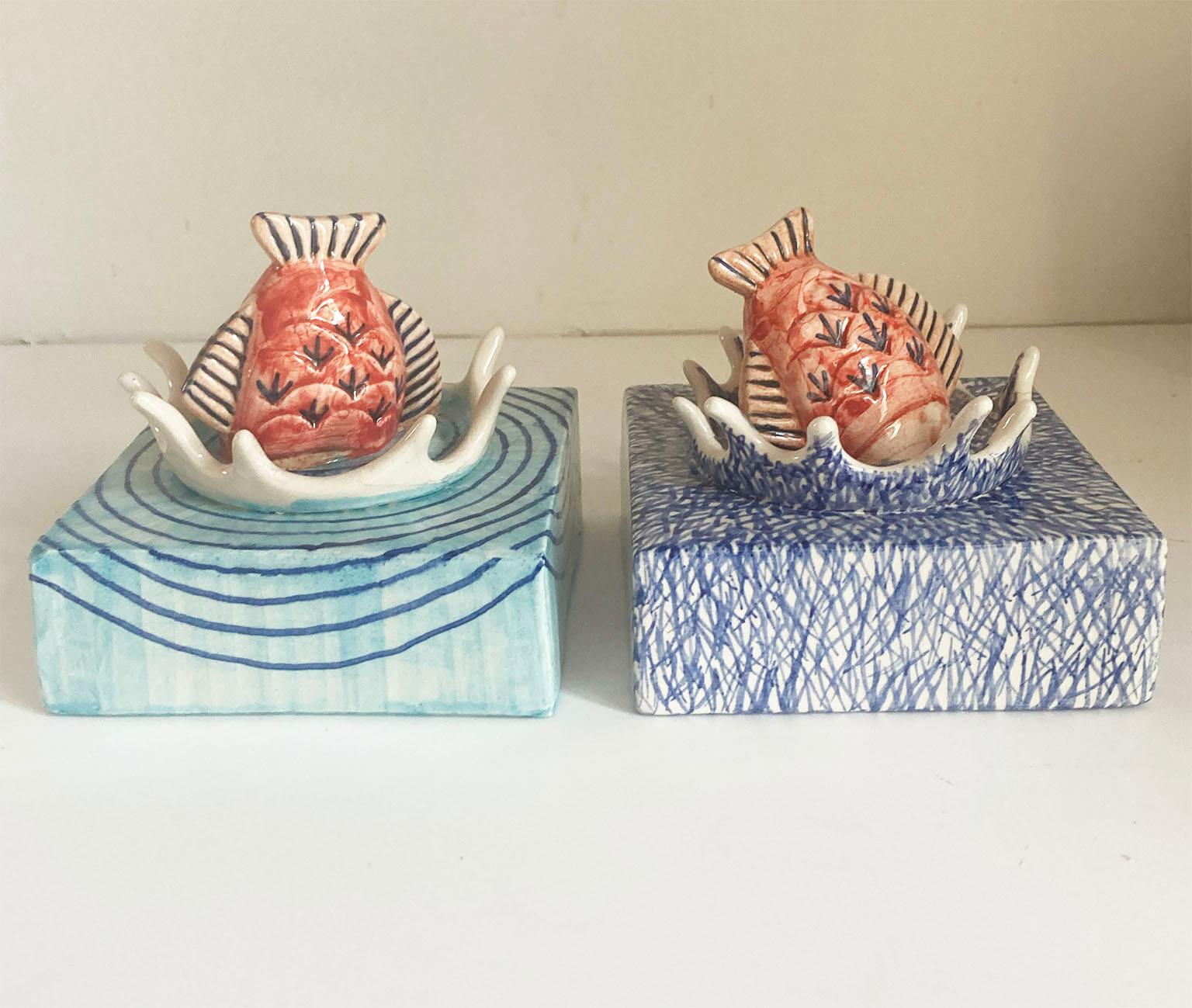 Pair of Italian Ceramic Cubic Boxes with Fish Top Cover, Italy, 21st C For Sale 3
