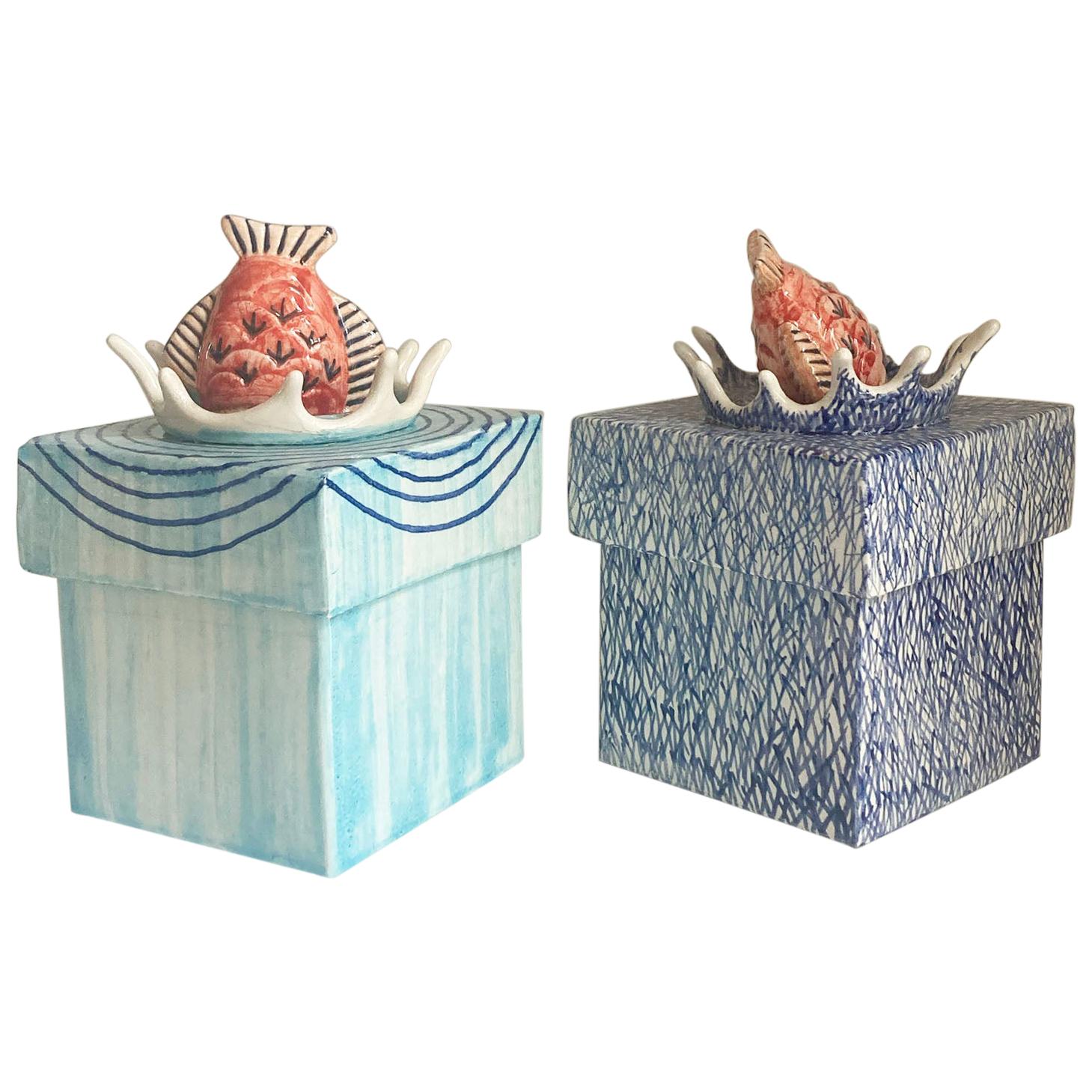 Pair of Italian Ceramic Cubic Boxes with Fish Top Cover, Italy, 21st C For Sale