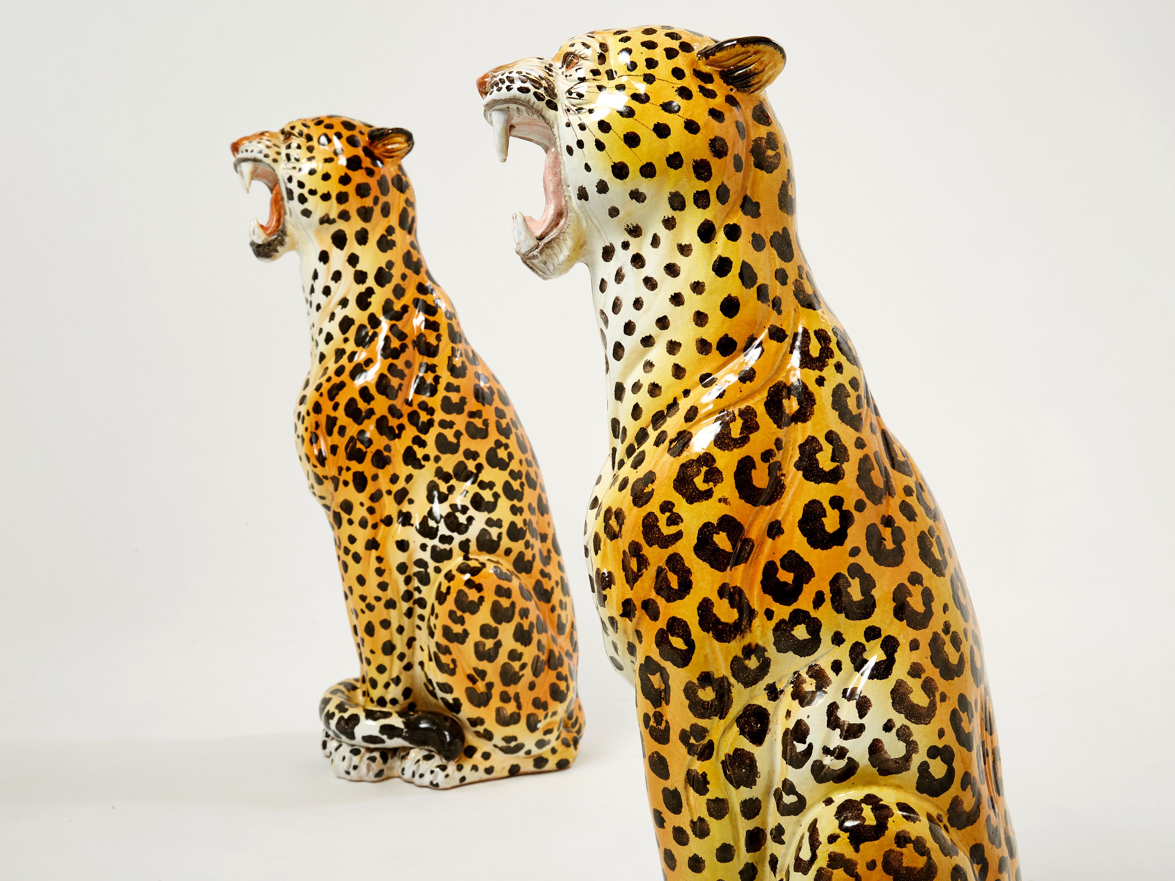 Mid-Century Modern Pair of Italian Ceramic Female and Male Leopard Sculptures, 1960s