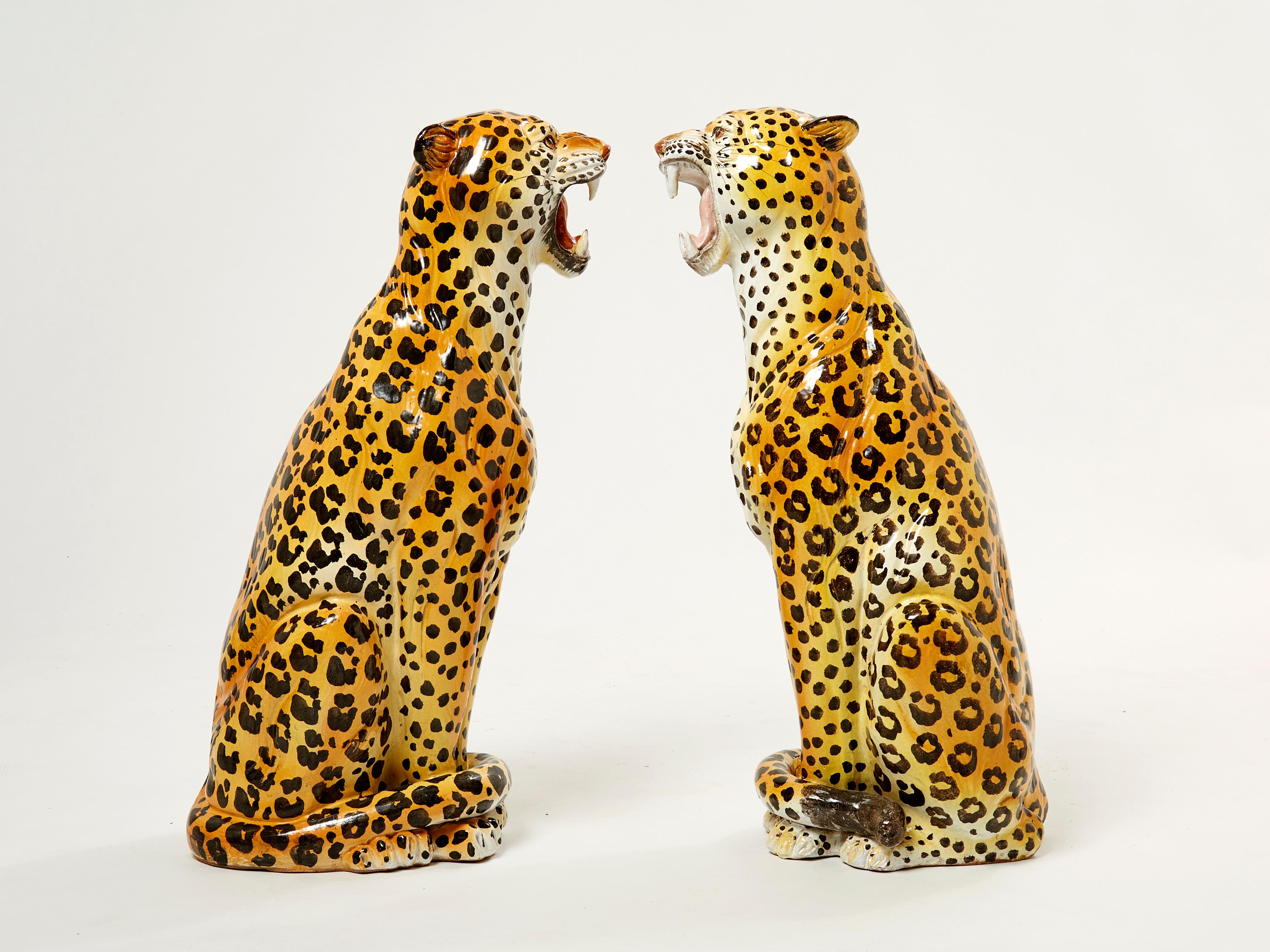 Pair of Italian Ceramic Female and Male Leopard Sculptures, 1960s In Good Condition In Paris, IDF