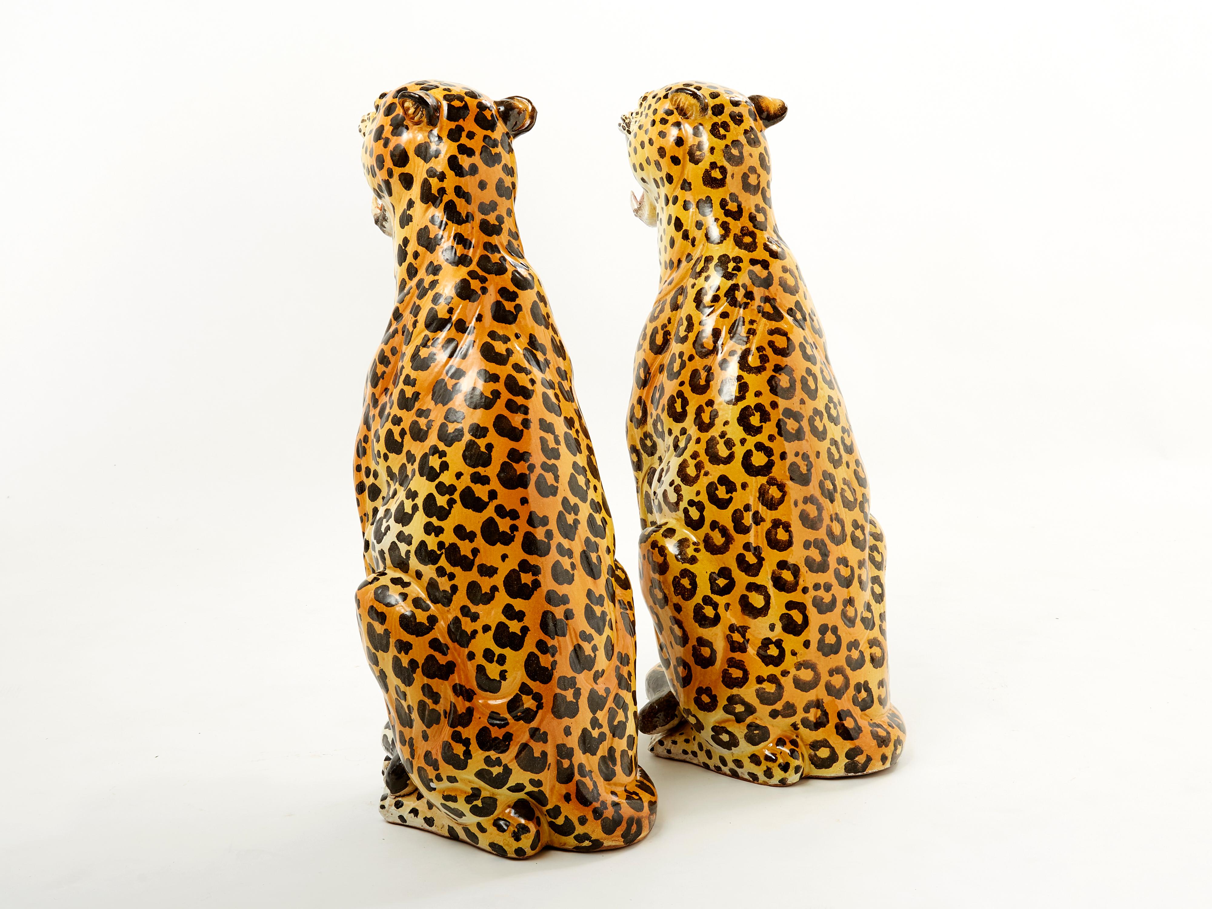 Pair of Italian Ceramic Female and Male Leopard Sculptures, 1960s 1
