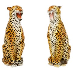 Pair of Italian Ceramic Female and Male Leopard Sculptures, 1960s