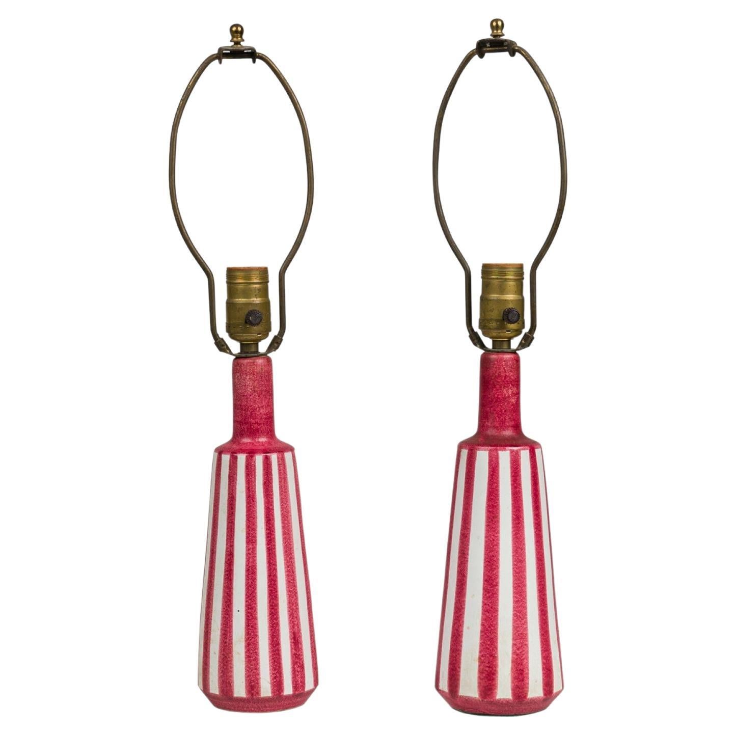 Pair of Italian Ceramic Hand Painted Red and White Candy Stripe Table Lamps For Sale