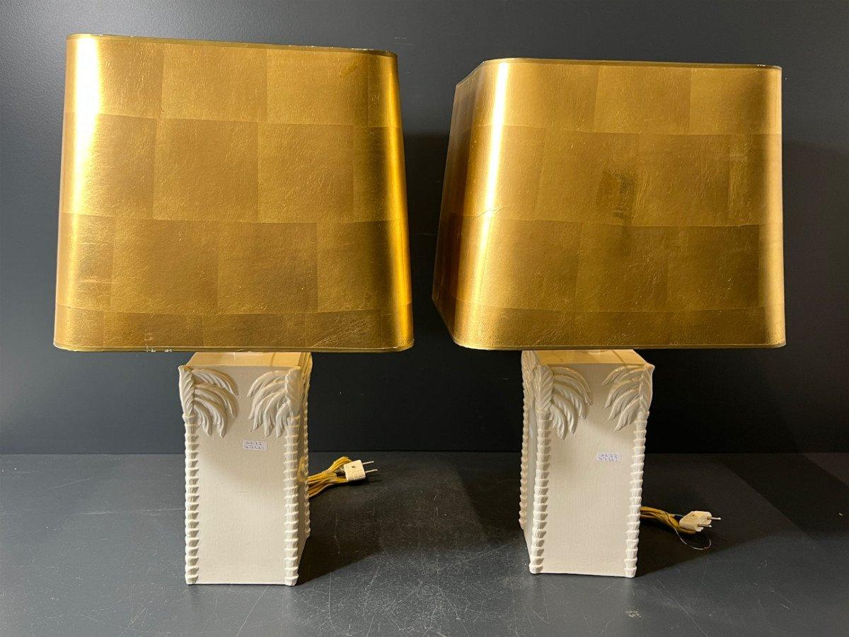 par de lámparas italianas de cerámica con decoración de palmeras hacia 1960/1970 mediados del siglo XX en venta