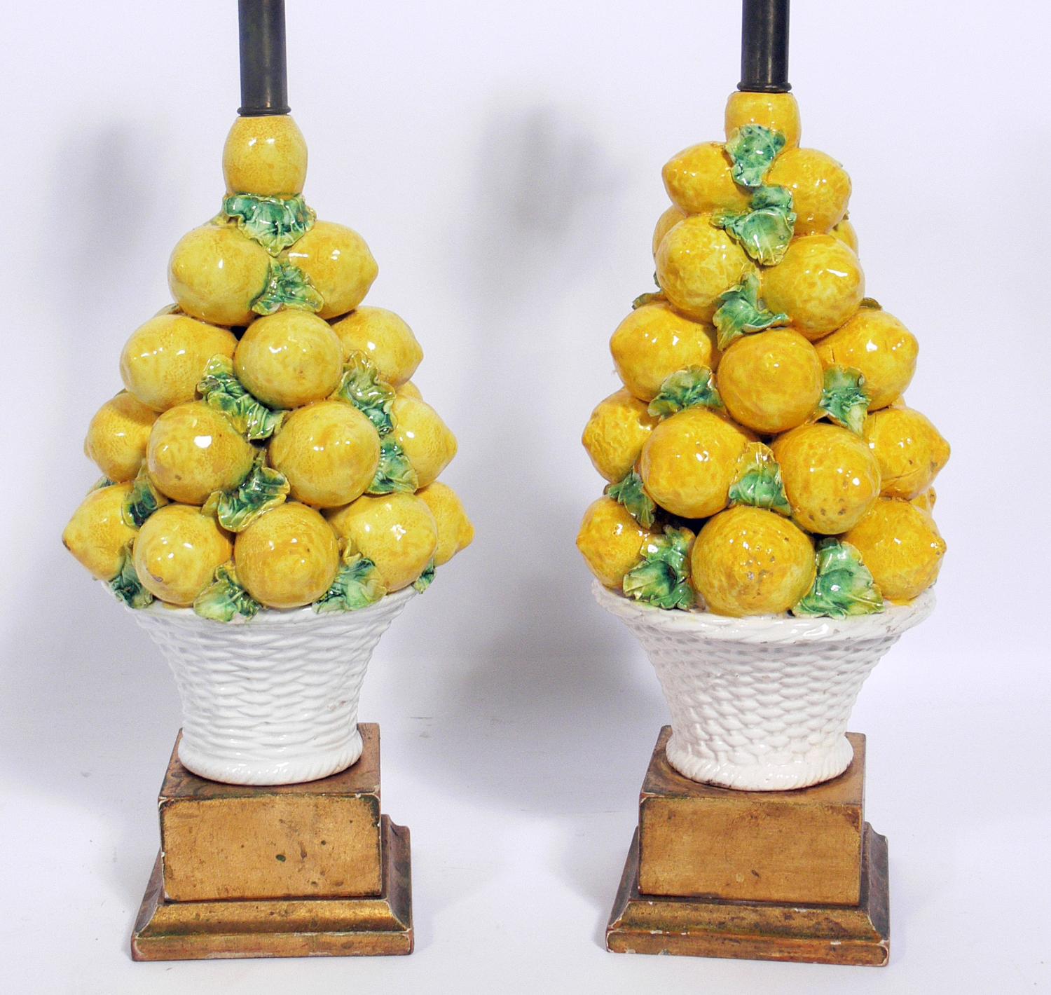Pair of Italian ceramic lemon lamps, Italy, circa 1950s. They have been rewired and are ready to use. The price noted below includes the shades.