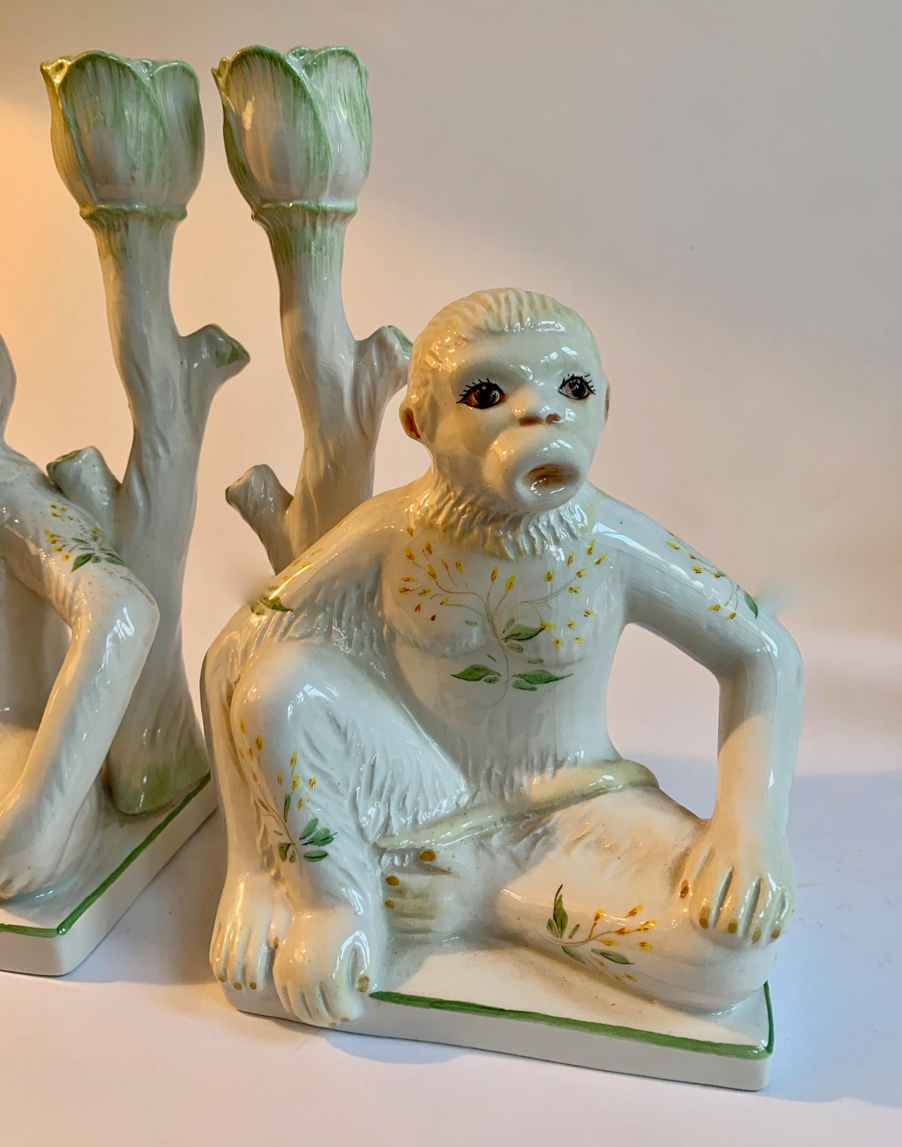 Hand-Painted Pair of Italian Ceramic Monkey Candlesticks For Sale