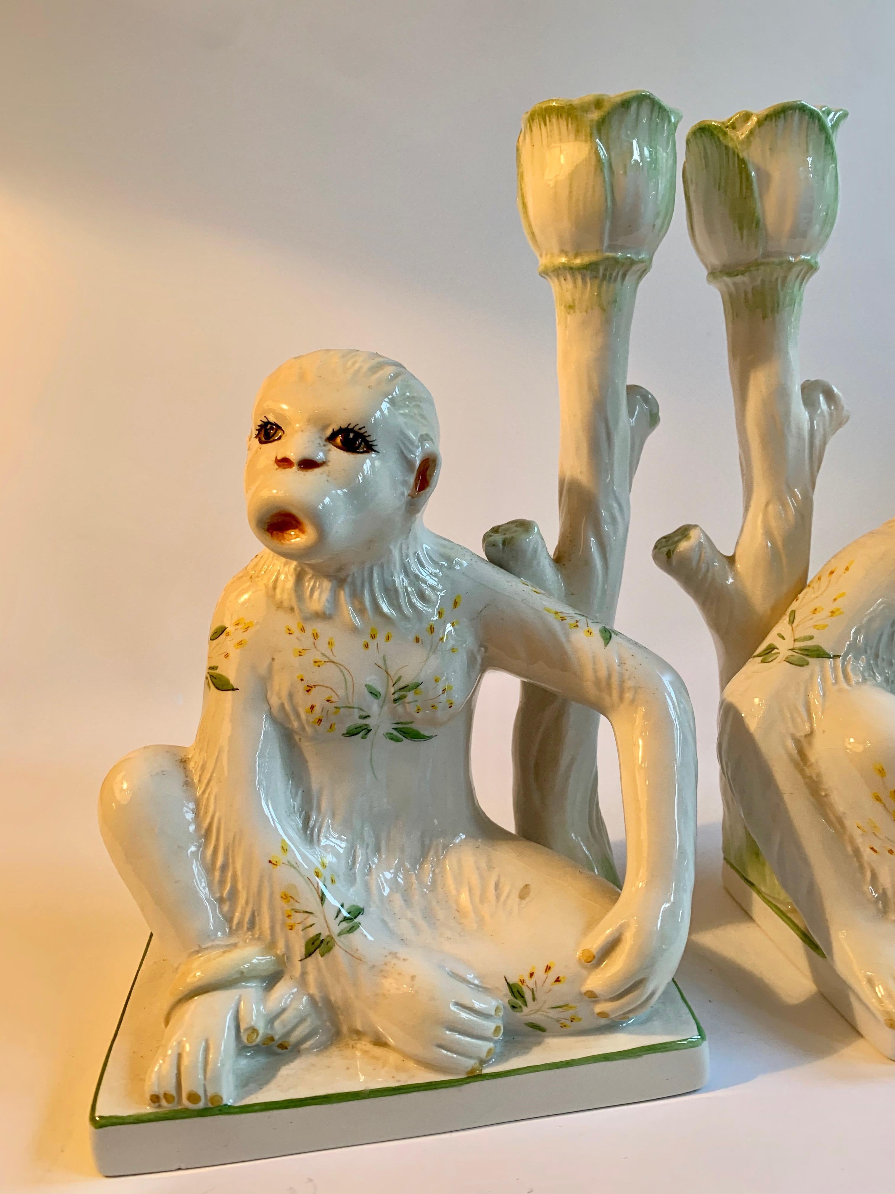 Pair of Italian Ceramic Monkey Candlesticks In Good Condition For Sale In Los Angeles, CA