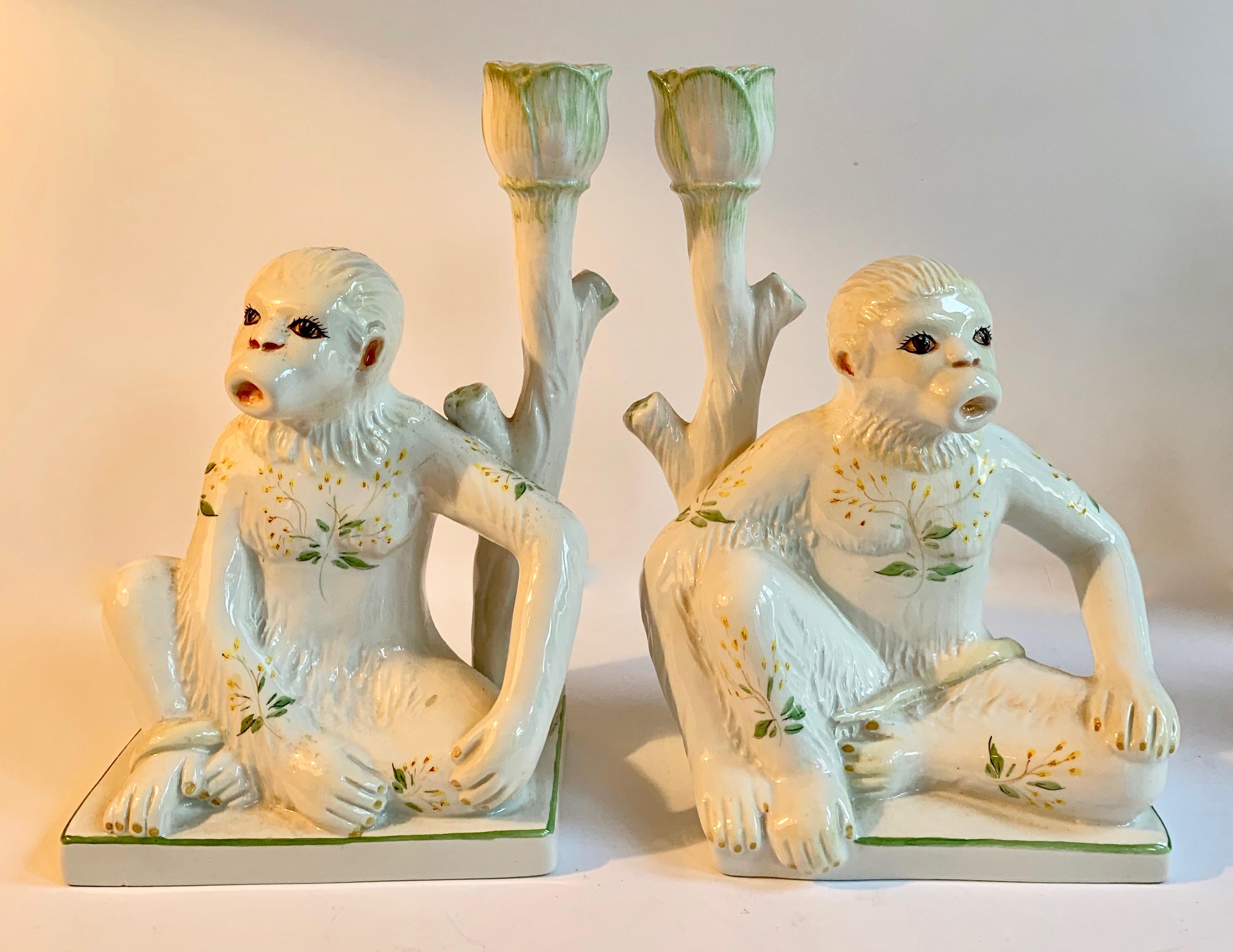 20th Century Pair of Italian Ceramic Monkey Candlesticks For Sale