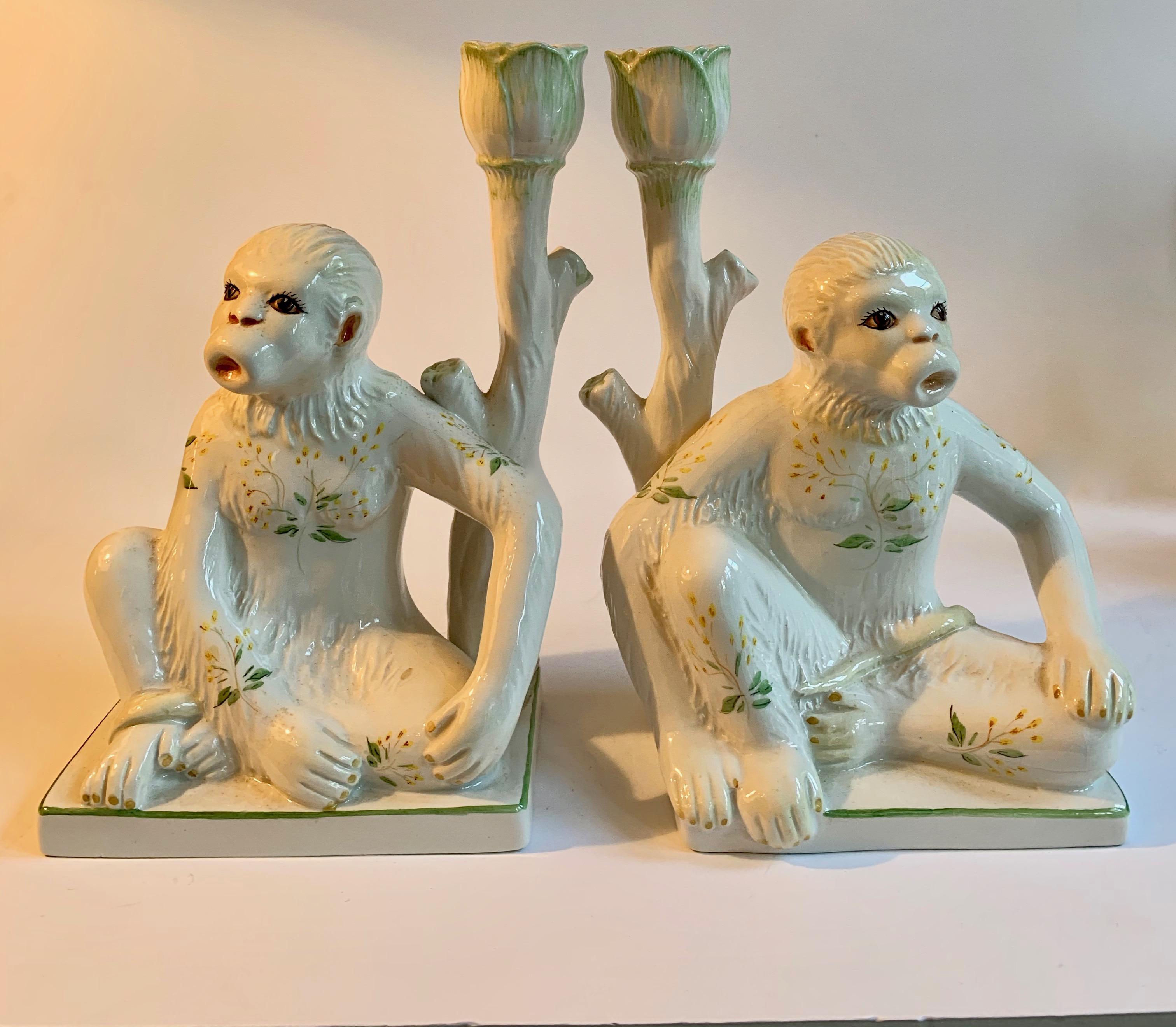 Pair of Italian Ceramic Monkey Candlesticks For Sale 1