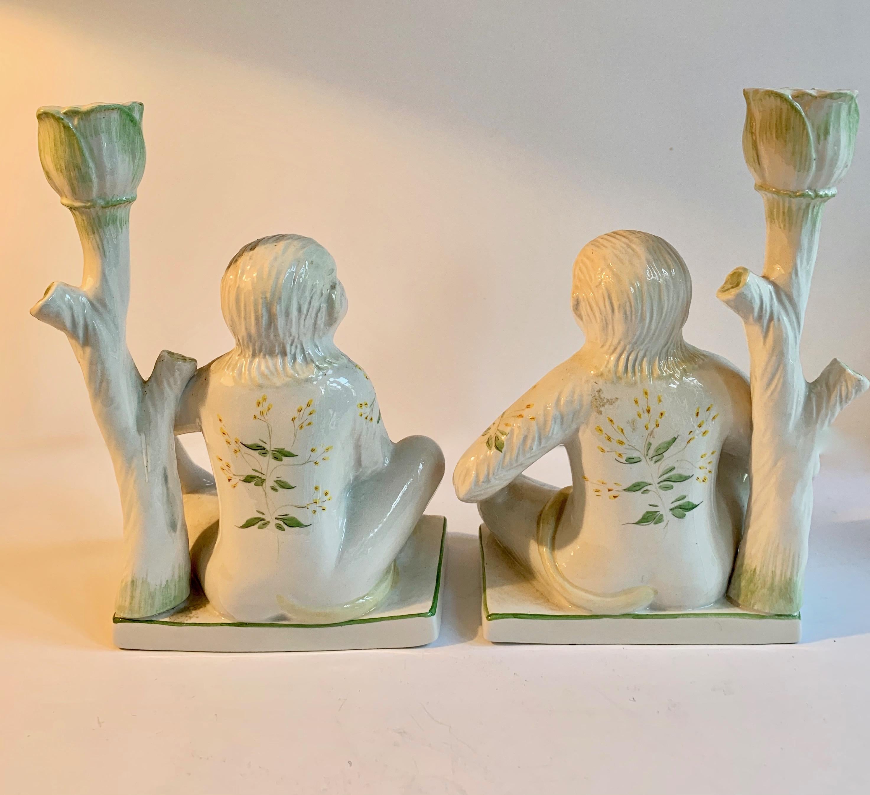 Pair of Italian Ceramic Monkey Candlesticks For Sale 2