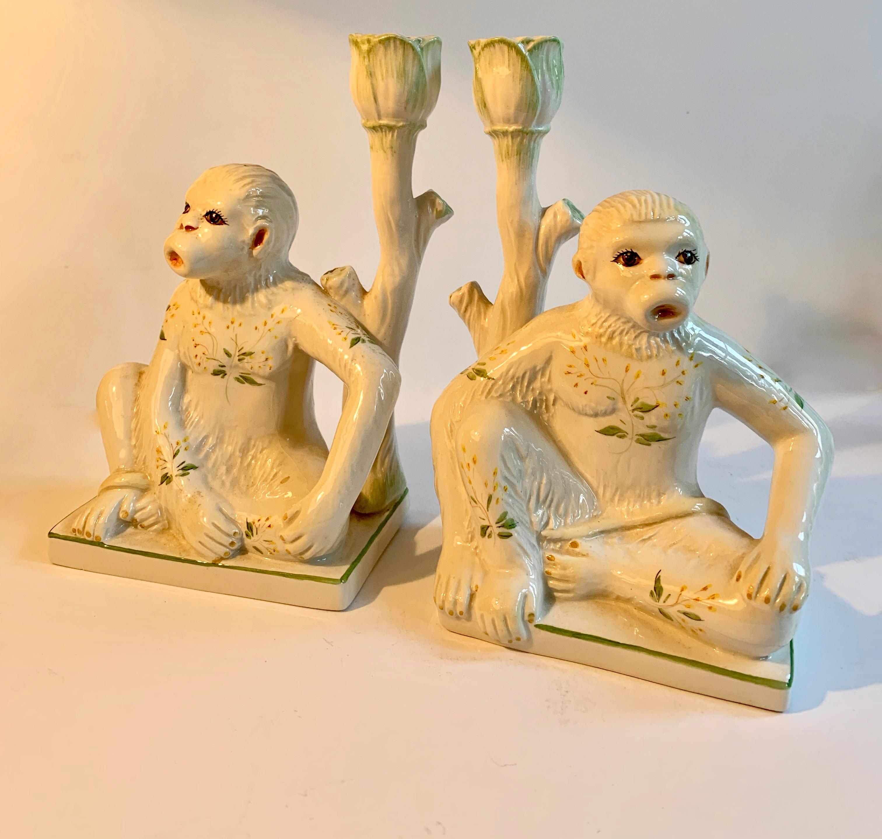 Pair of Italian Ceramic Monkey Candlesticks For Sale 3