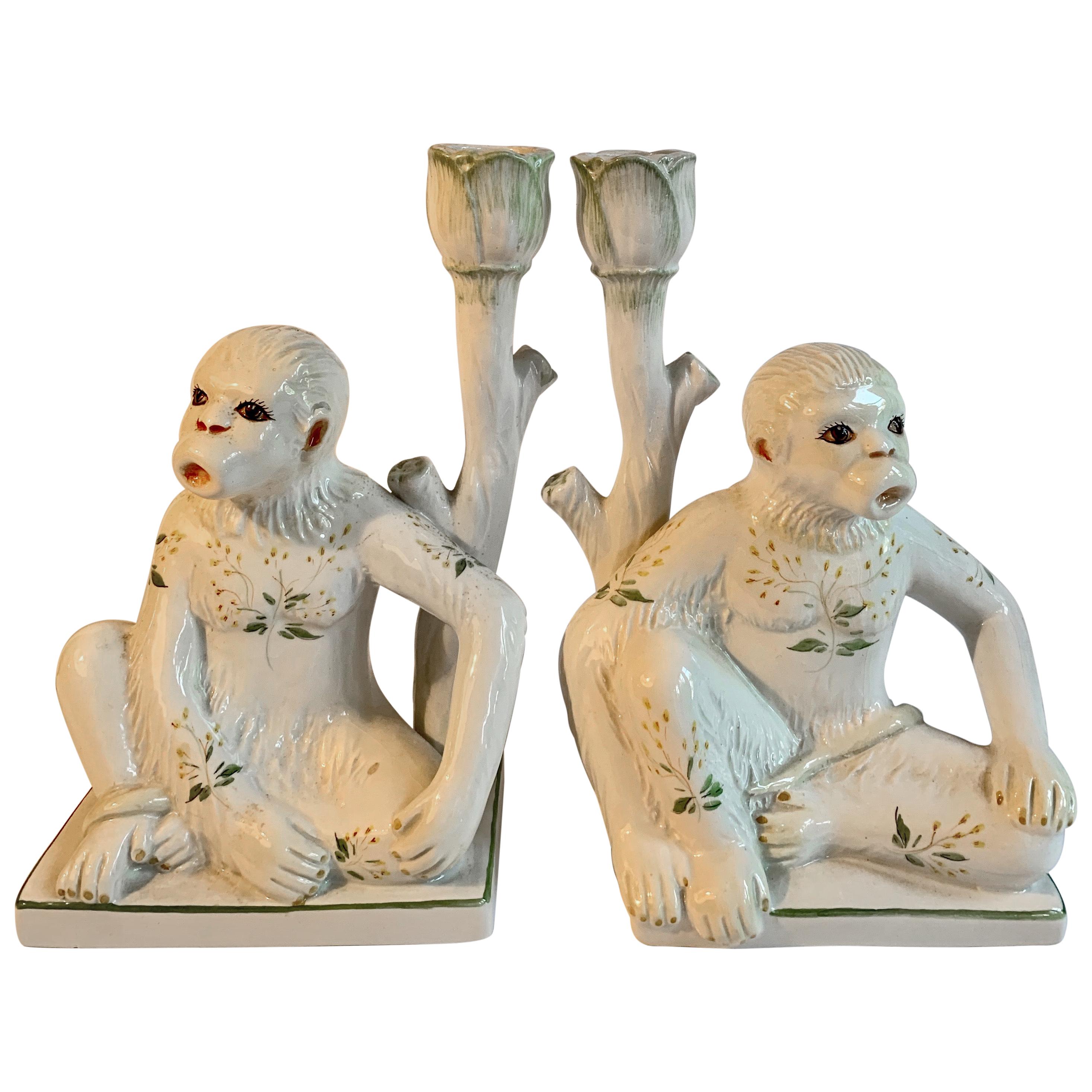 Pair of Italian Ceramic Monkey Candlesticks
