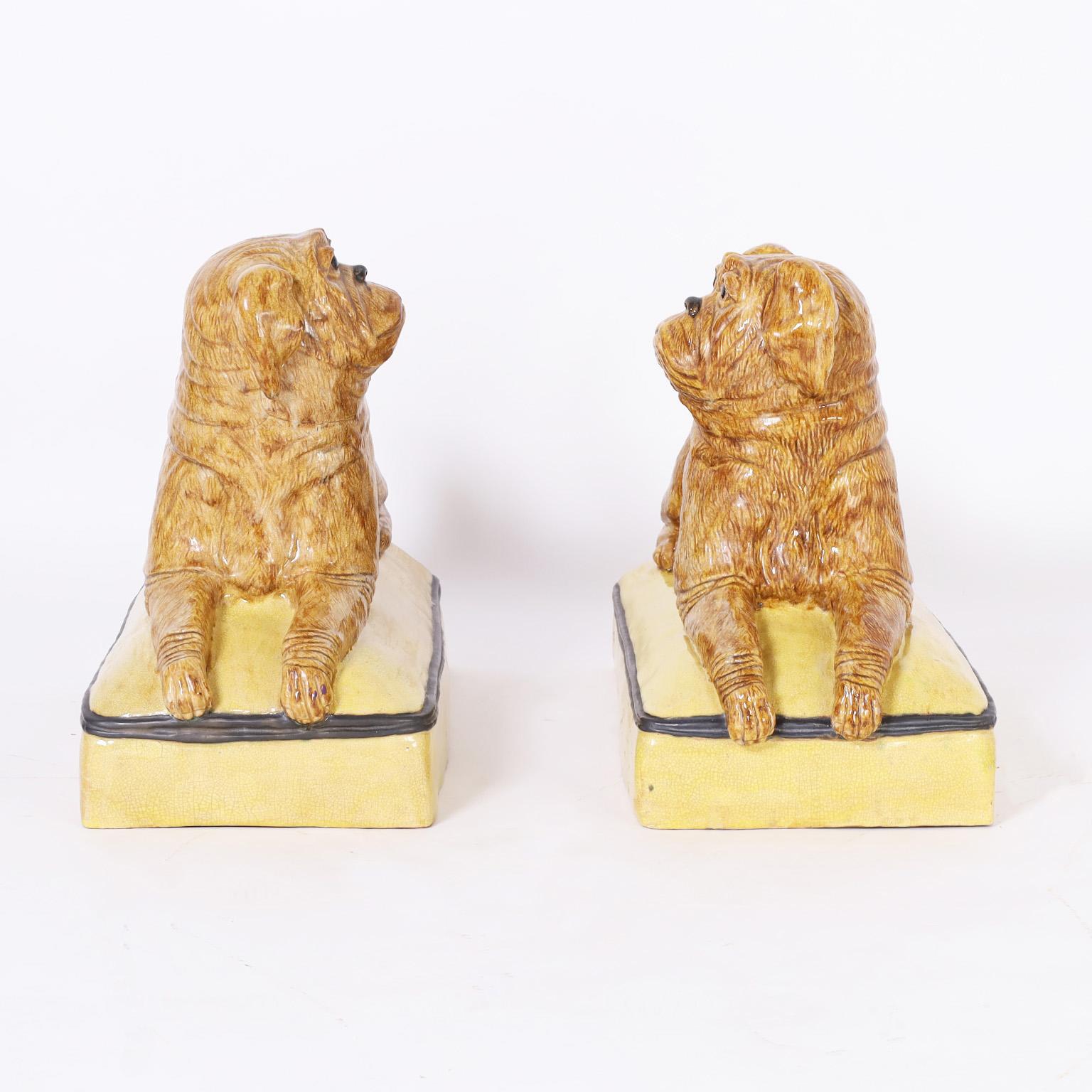 Glazed Pair of Italian Ceramic Recumbent Dogs or Pugs For Sale
