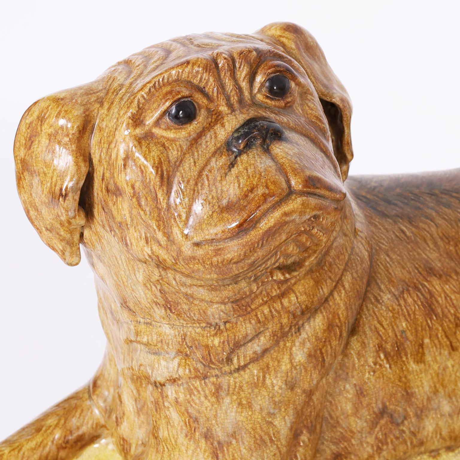 Pair of Italian Ceramic Recumbent Dogs or Pugs For Sale 1