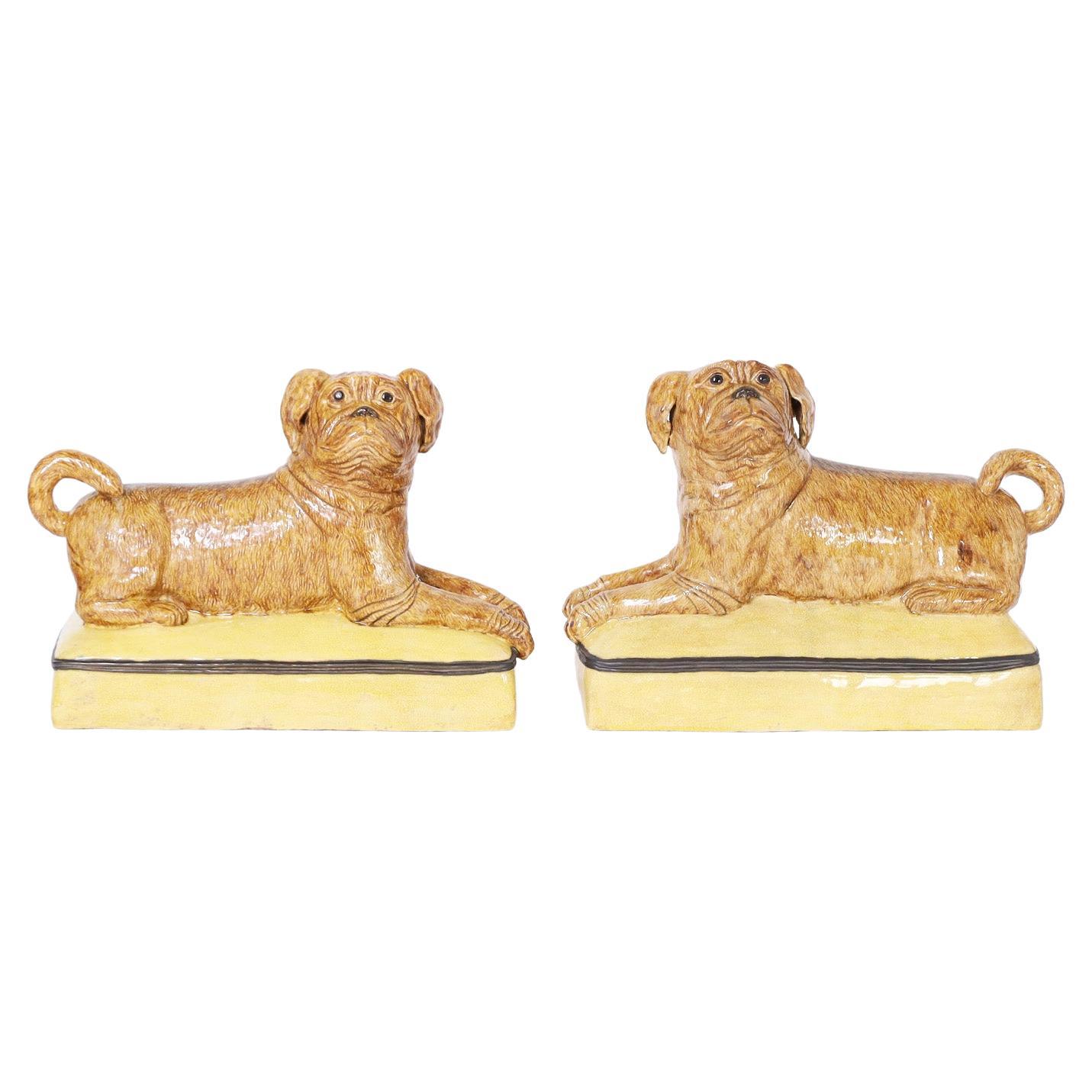 Pair of Italian Ceramic Recumbent Dogs or Pugs For Sale