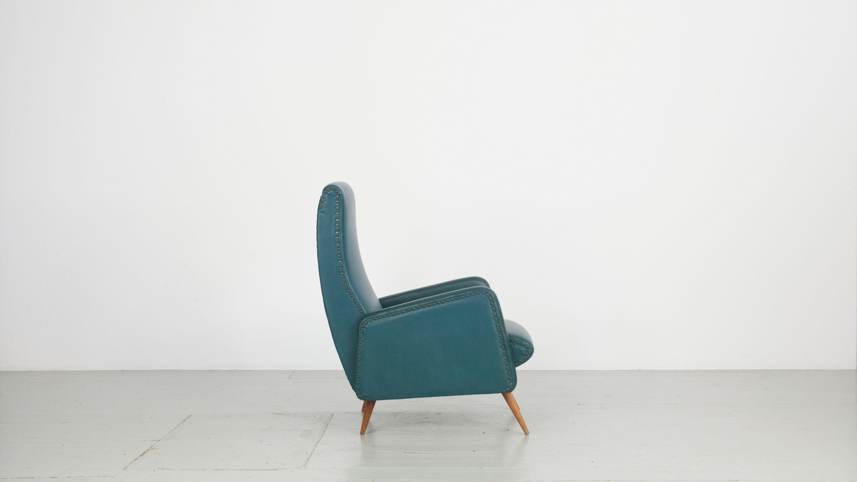 Mid-Century Modern Pair of Italian Chairs in Original Green Imitation Leather Upholstery, 1950 For Sale