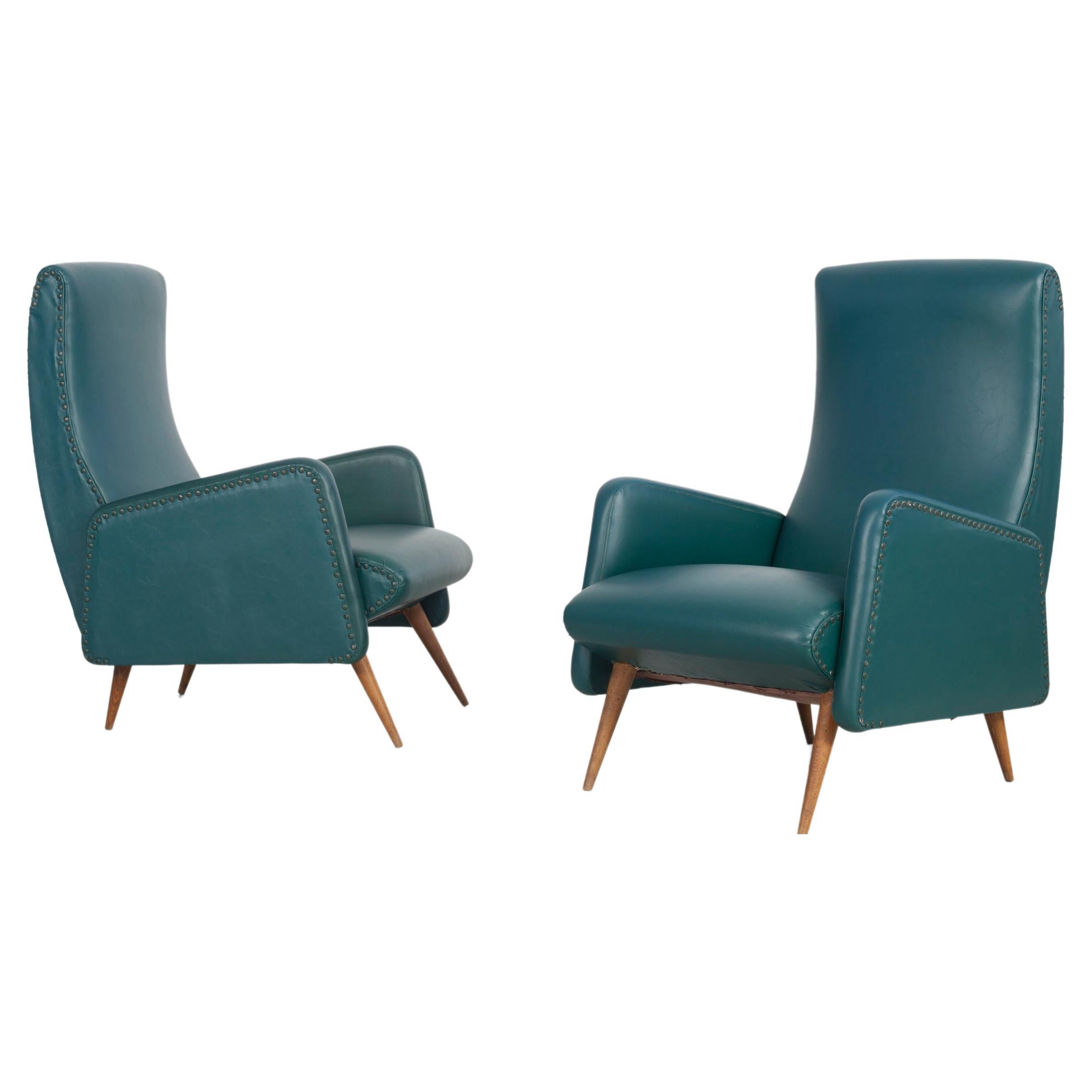 Pair of Italian Chairs in Original Green Imitation Leather Upholstery, 1950