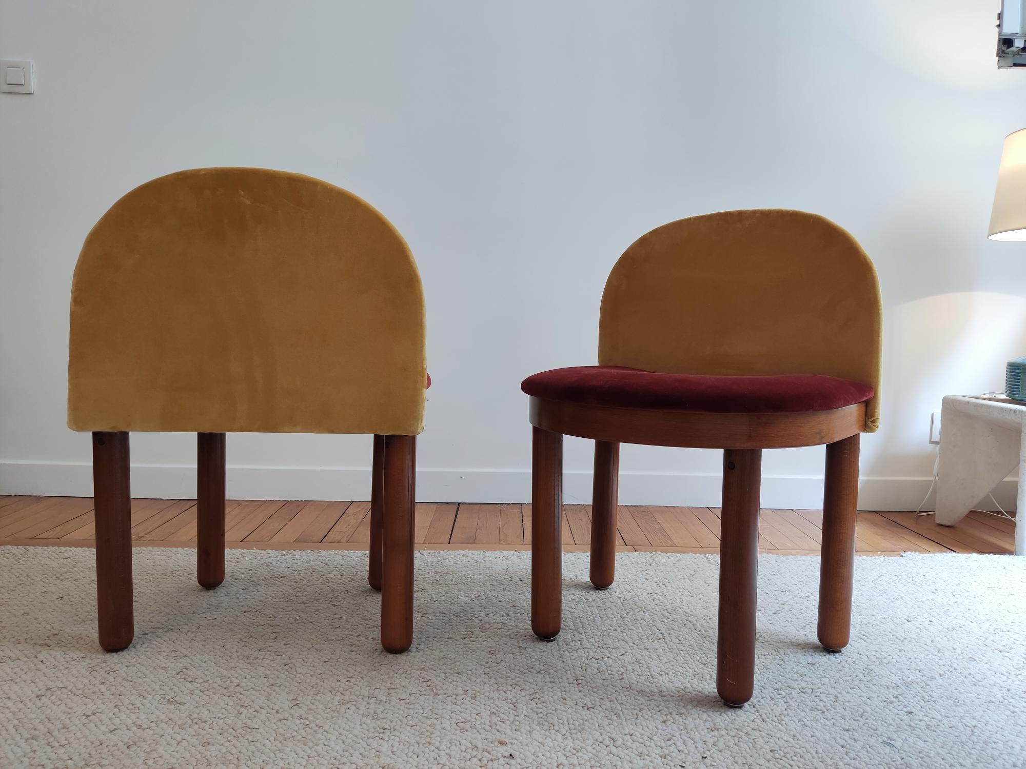 Velvet Pair of italian chairs wood and velvet For Sale