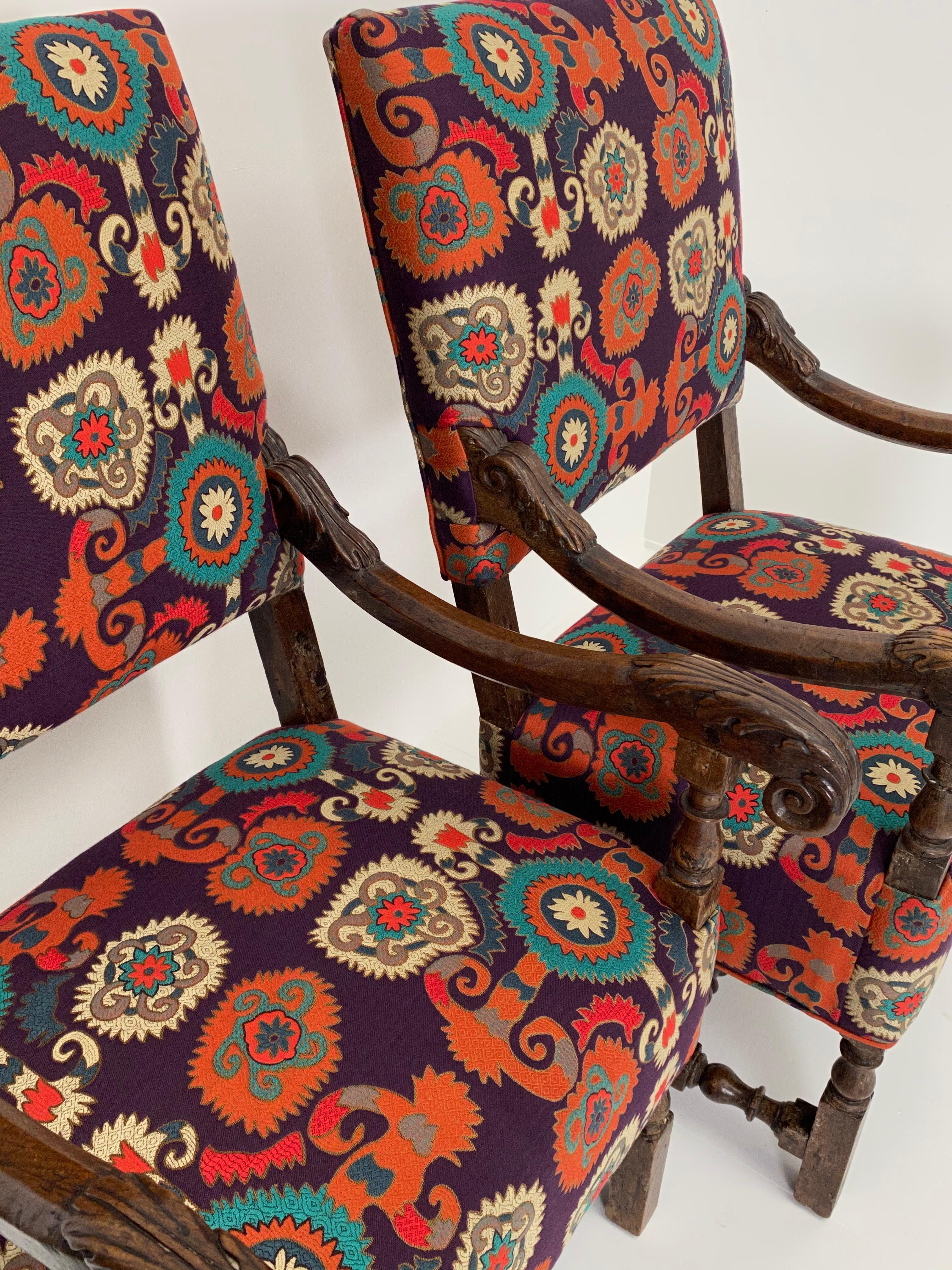 Walnut Pair of Italian Chairs, Etro Fabric For Sale