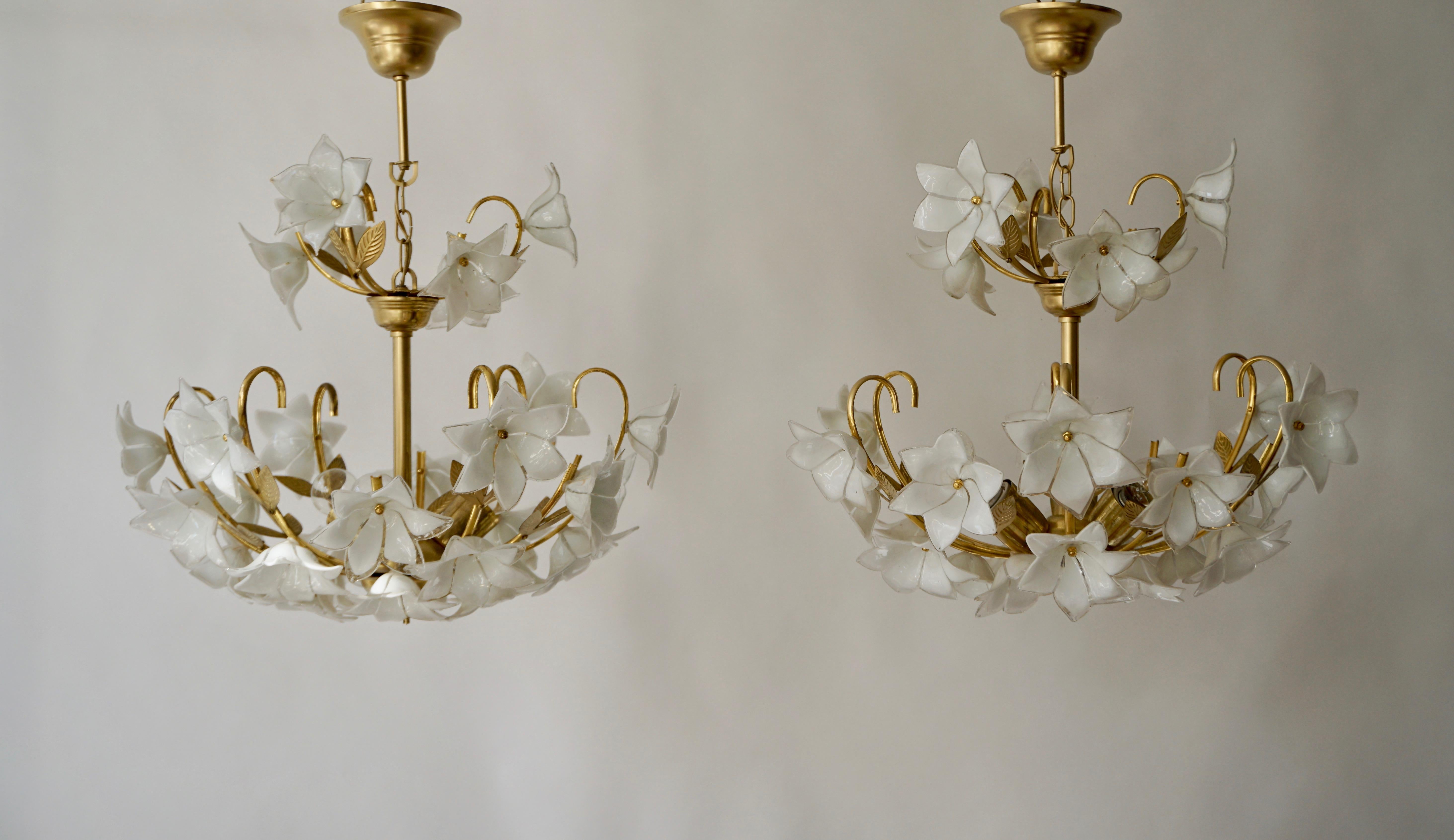 Pair of Italian Chandelier Murano Glass Gold White Flowers, 1970 1