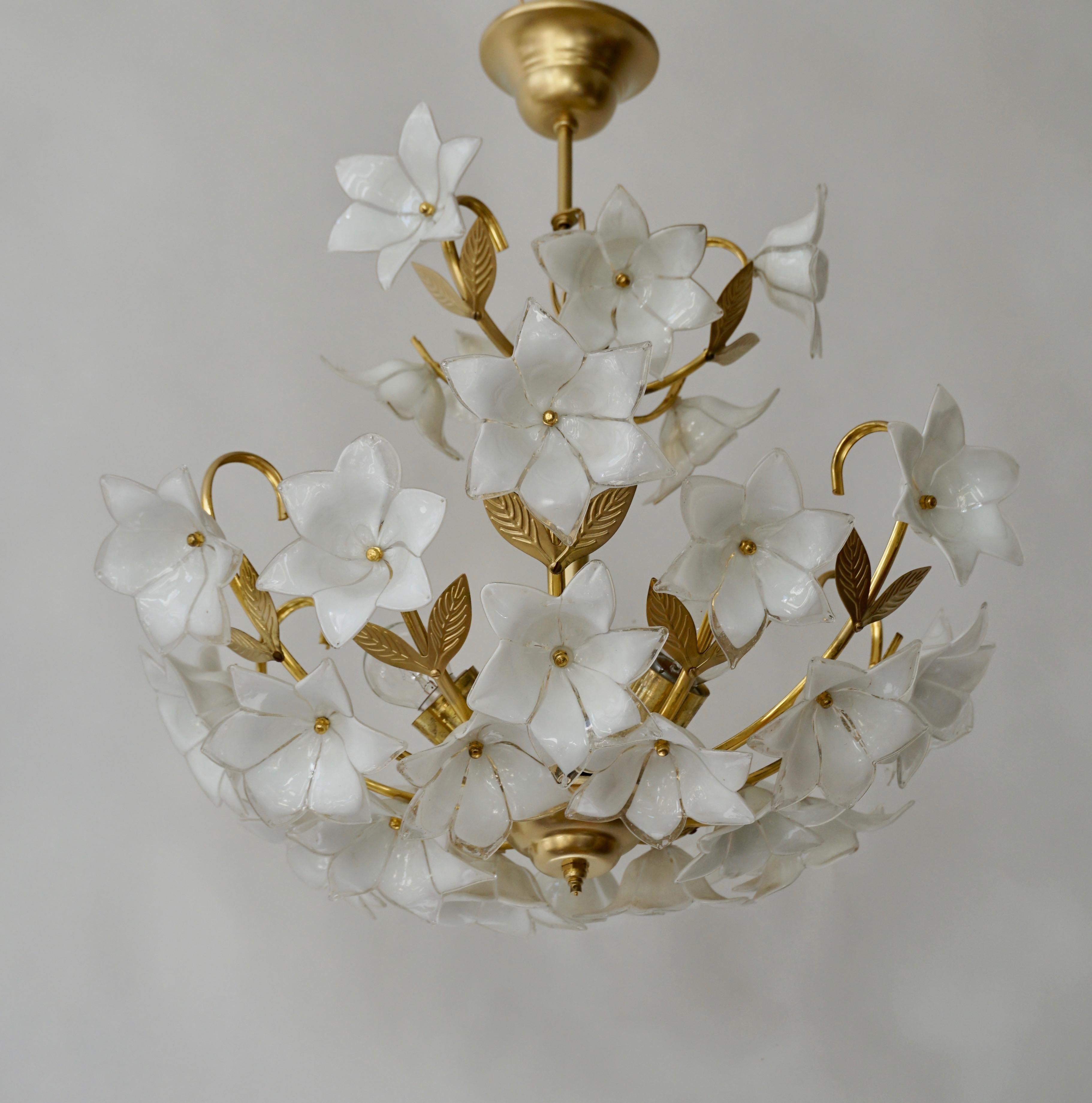 Pair of Italian Chandelier Murano Glass Gold White Flowers, 1970 2