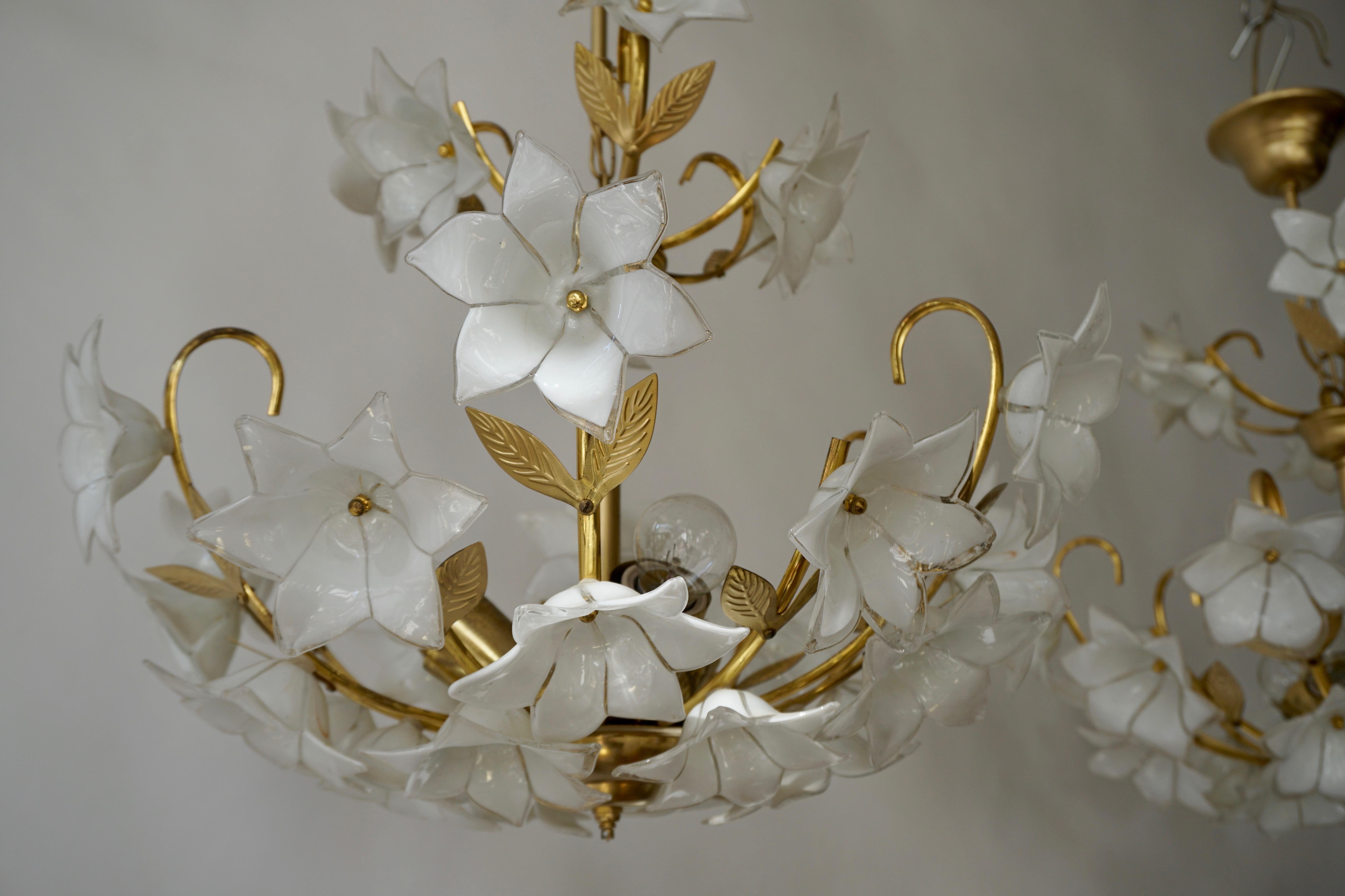 Pair of Italian Chandelier Murano Glass Gold White Flowers, 1970 3