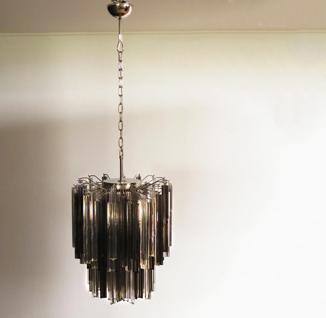 Metal Pair of Italian Chandeliers Transparent and Smoked Triedri, Murano For Sale