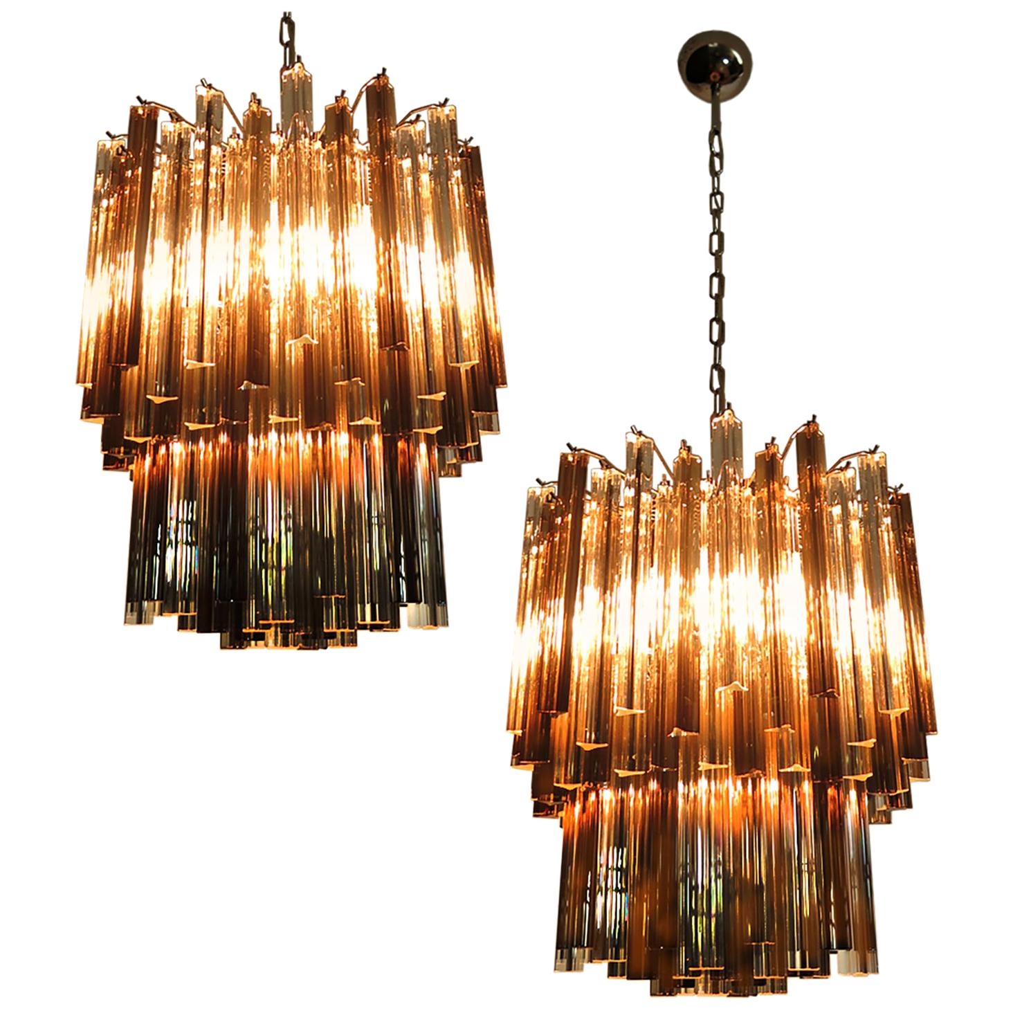 Pair of Italian Chandeliers Transparent and Smoked Triedri, Murano For Sale